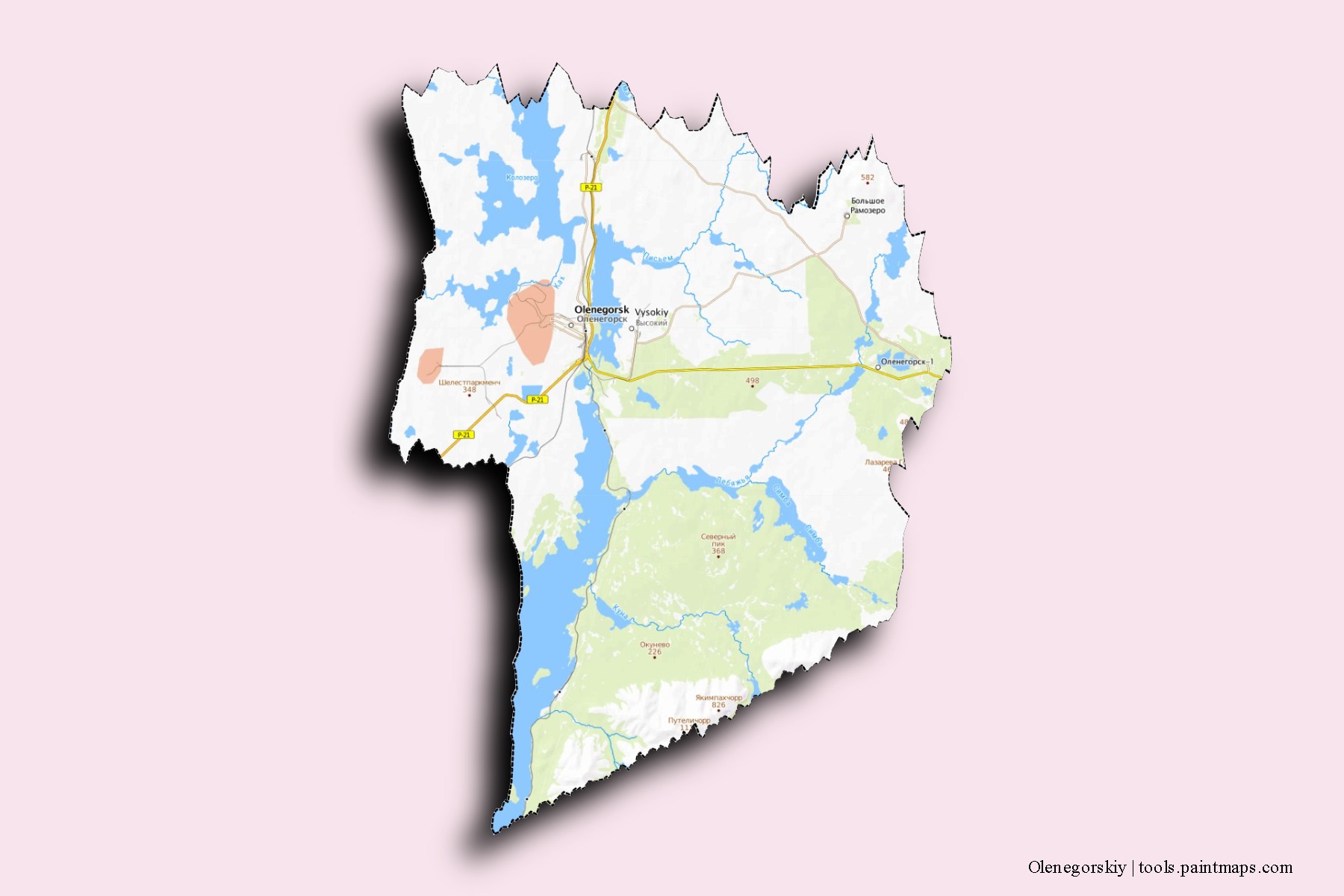 Mapa de barrios y pueblos de Olenegorskiy con efecto de sombra 3D