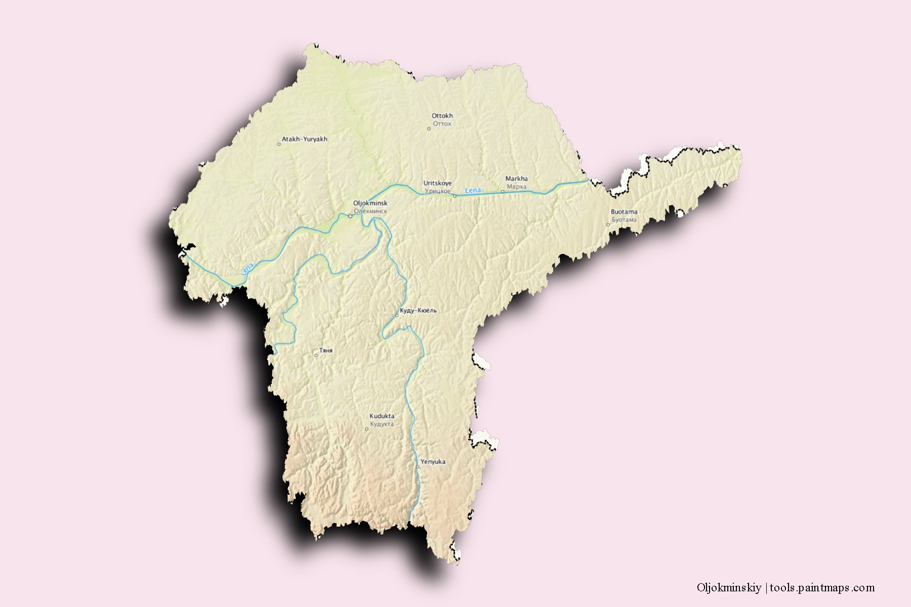 Mapa de barrios y pueblos de Oljokminskiy con efecto de sombra 3D