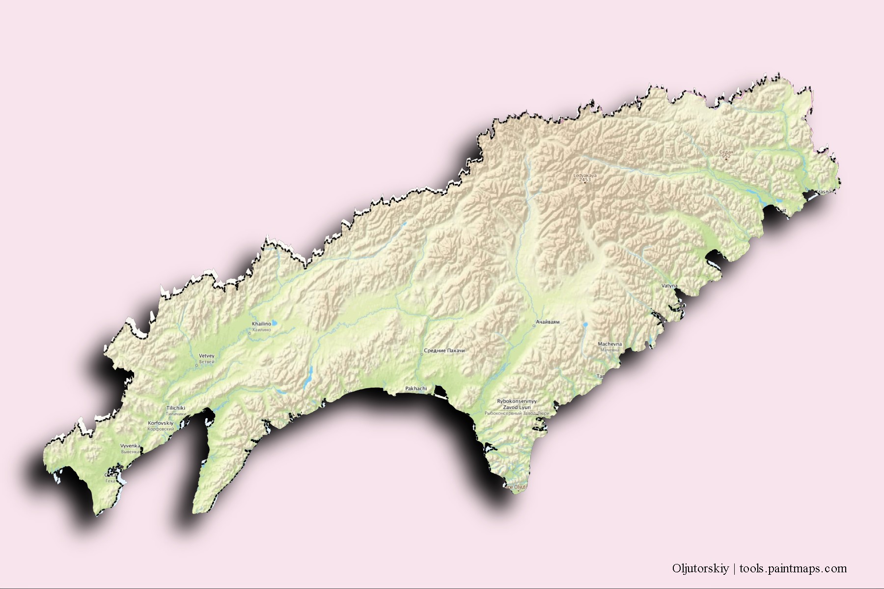 Mapa de barrios y pueblos de Oljutorskiy con efecto de sombra 3D