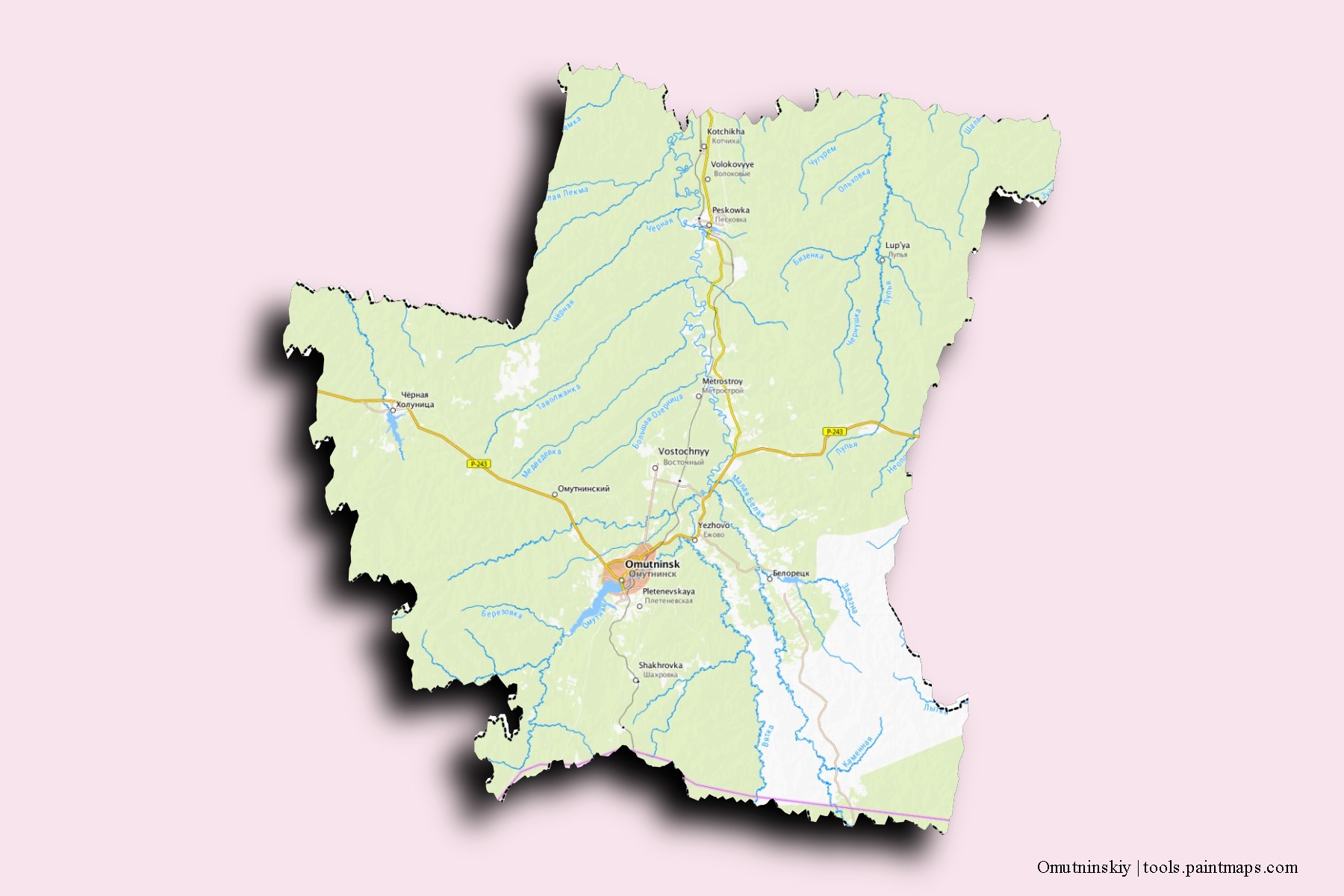 Mapa de barrios y pueblos de Omutninskiy con efecto de sombra 3D