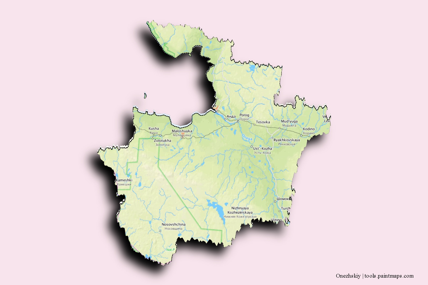 Mapa de barrios y pueblos de Onezhskiy con efecto de sombra 3D