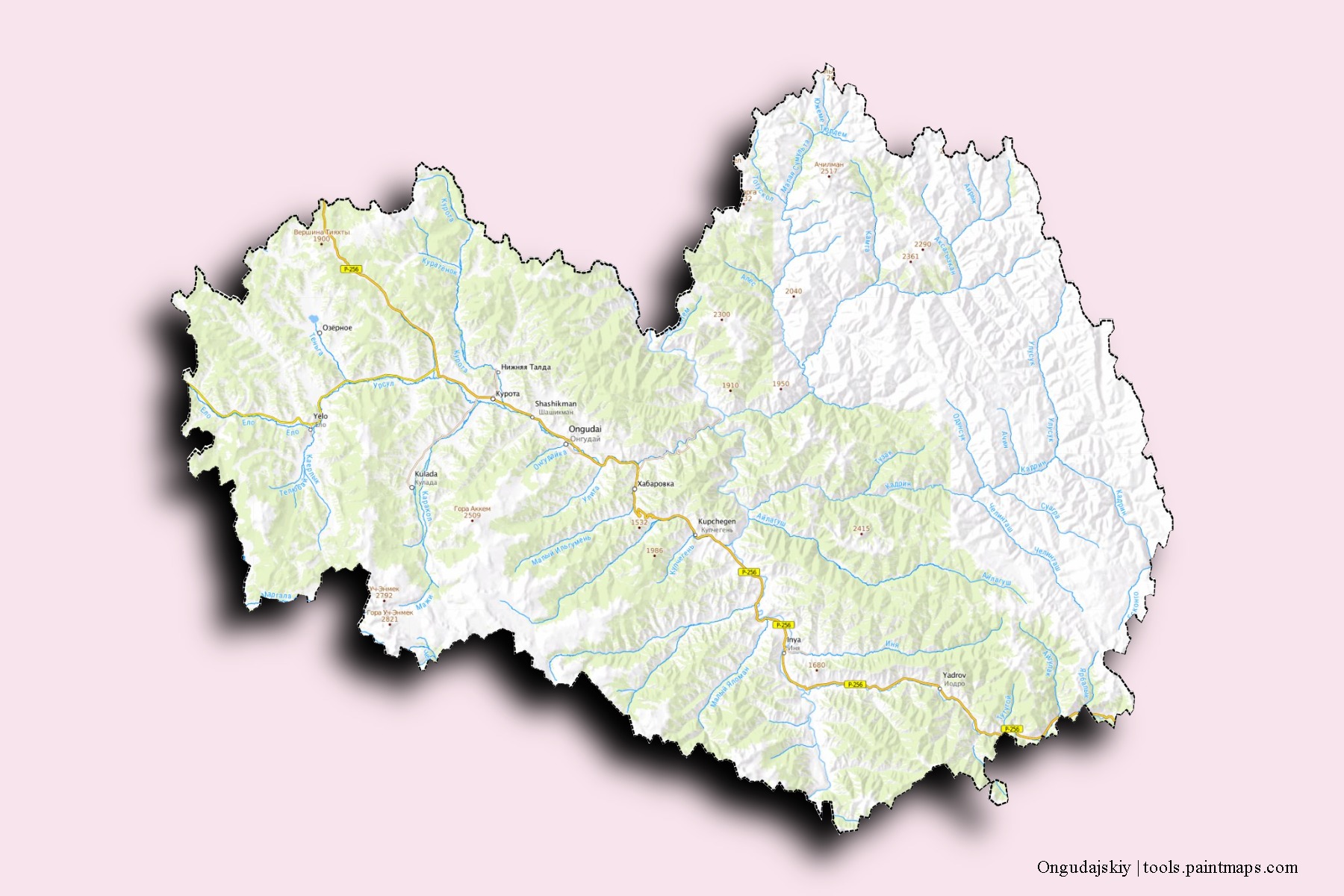 Mapa de barrios y pueblos de Ongudajskiy con efecto de sombra 3D