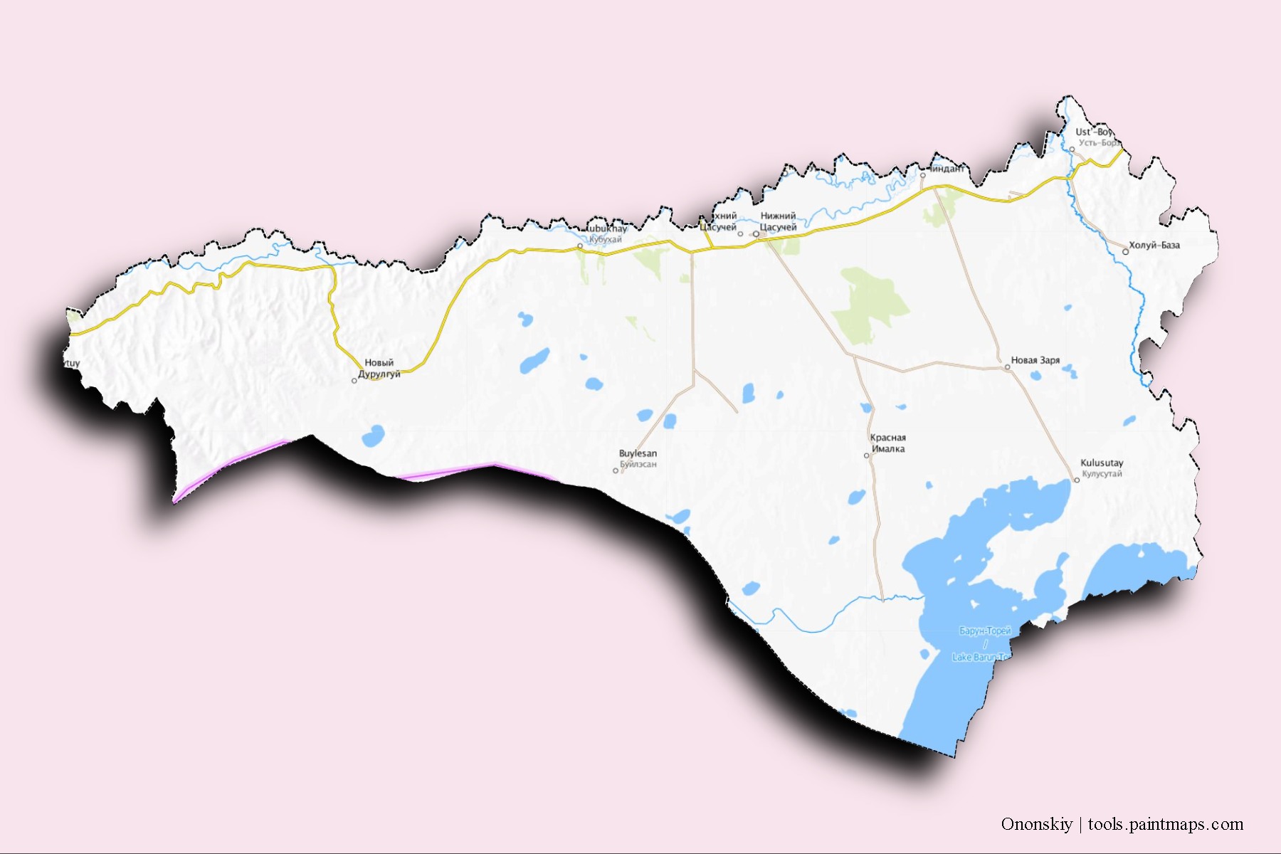 Mapa de barrios y pueblos de Ononskiy con efecto de sombra 3D