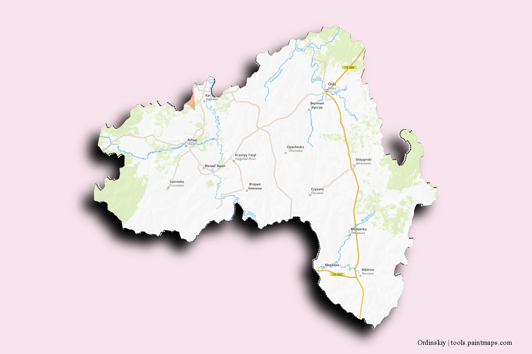 Mapa de barrios y pueblos de Ordinskiy con efecto de sombra 3D