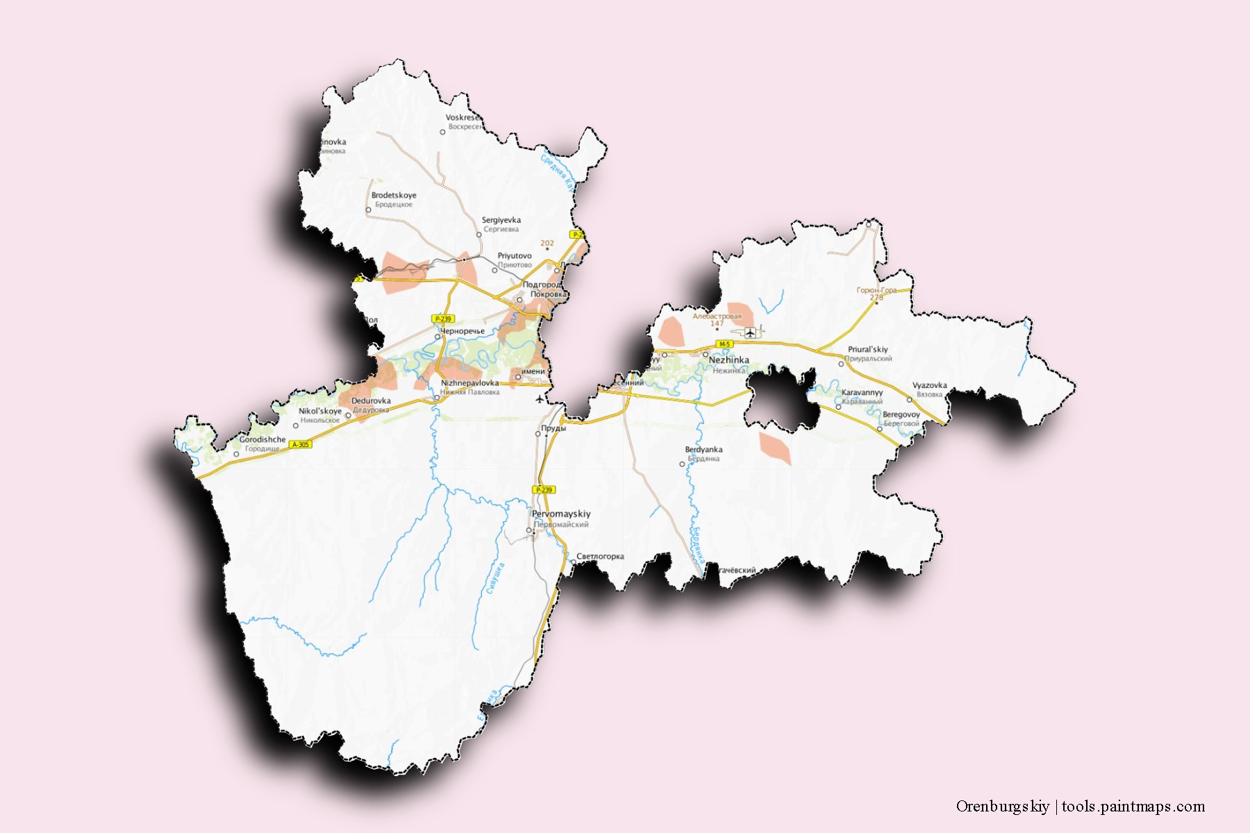 Orenburgskiy neighborhoods and villages map with 3D shadow effect