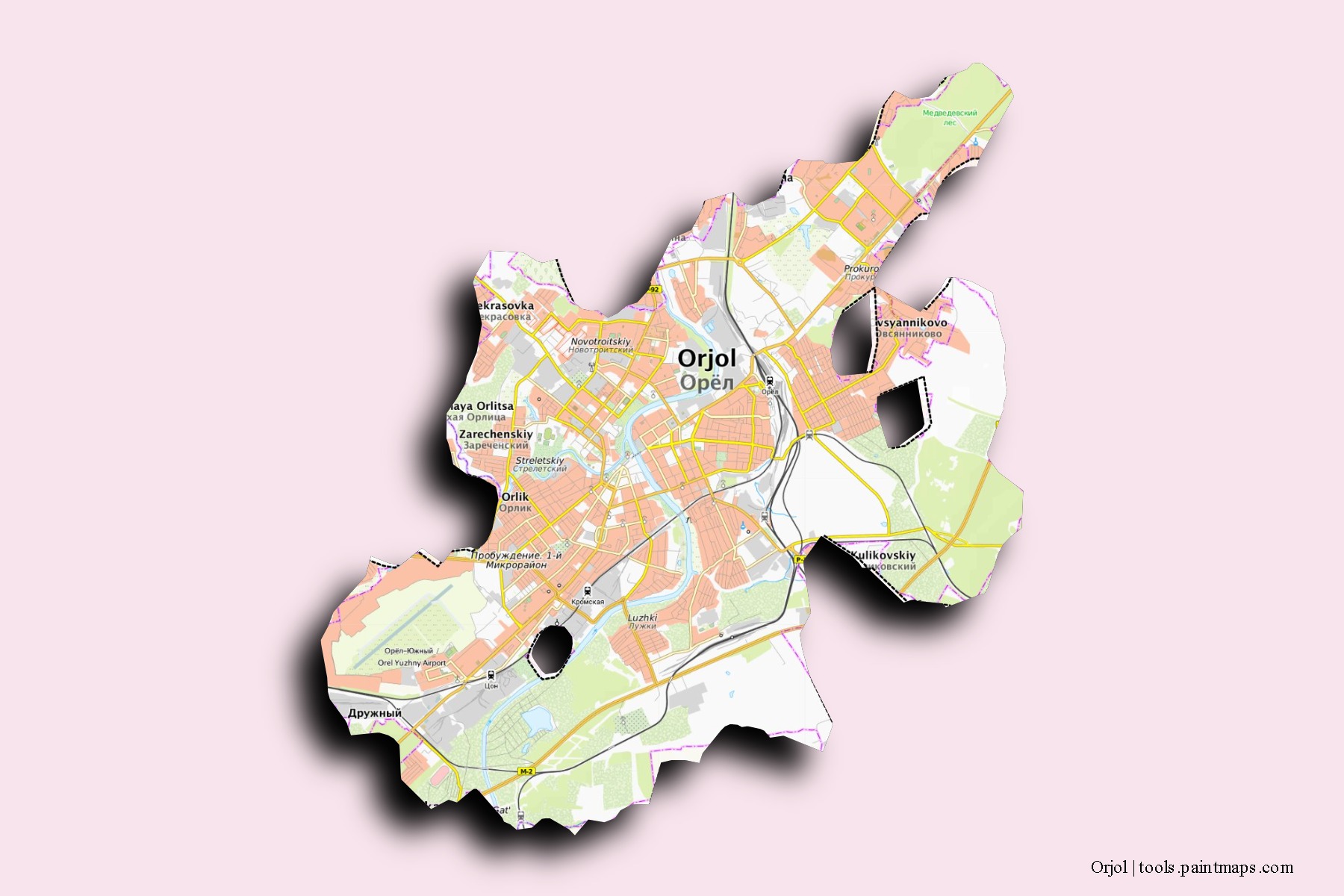 Orjol neighborhoods and villages map with 3D shadow effect