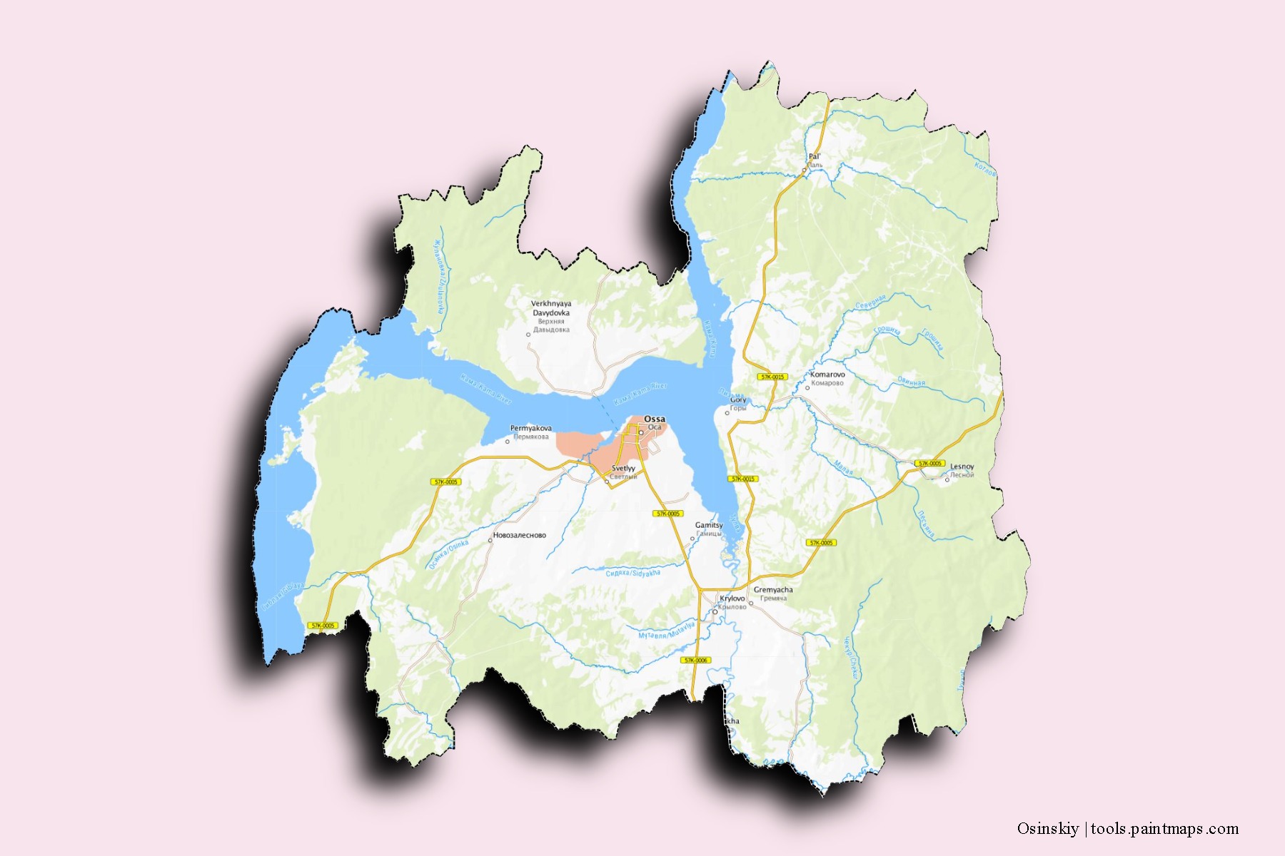 Mapa de barrios y pueblos de Osinskiy con efecto de sombra 3D