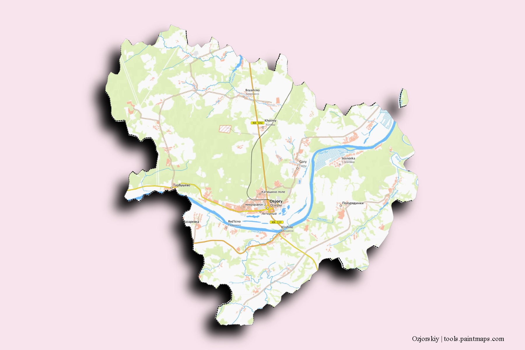 3D gölge efektli Ozjorskiy mahalleleri ve köyleri haritası