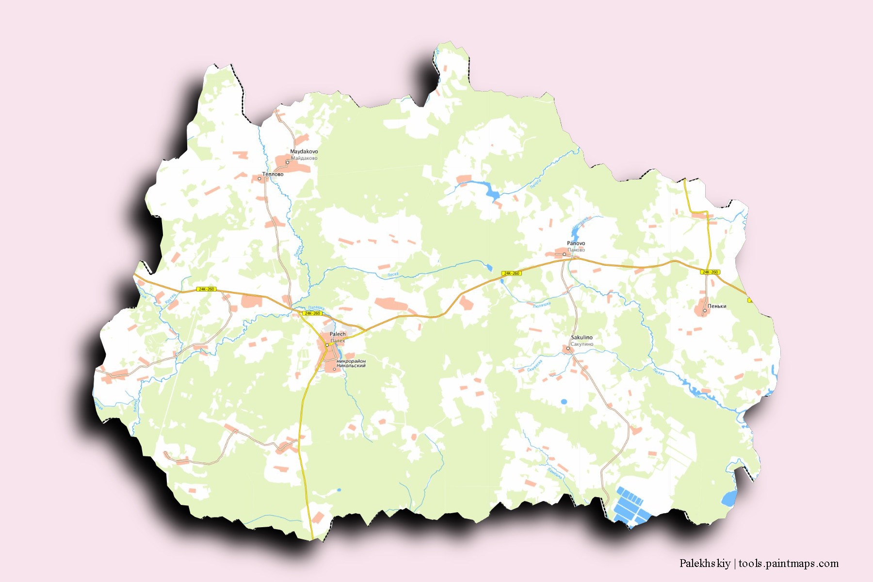 Palekhskiy neighborhoods and villages map with 3D shadow effect