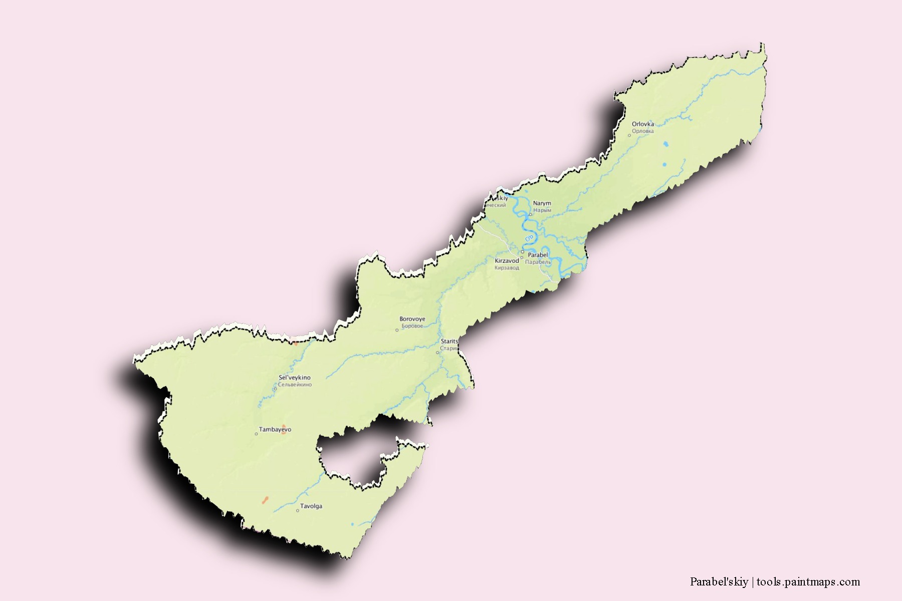 Parabel'skiy neighborhoods and villages map with 3D shadow effect