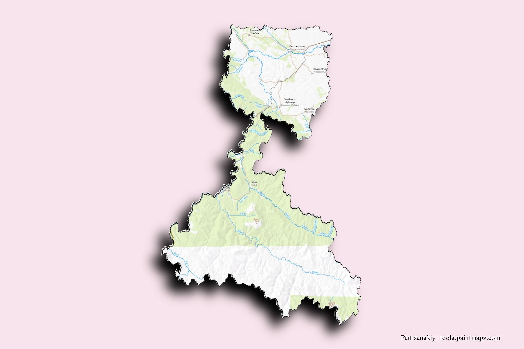 Partizanskiy neighborhoods and villages map with 3D shadow effect