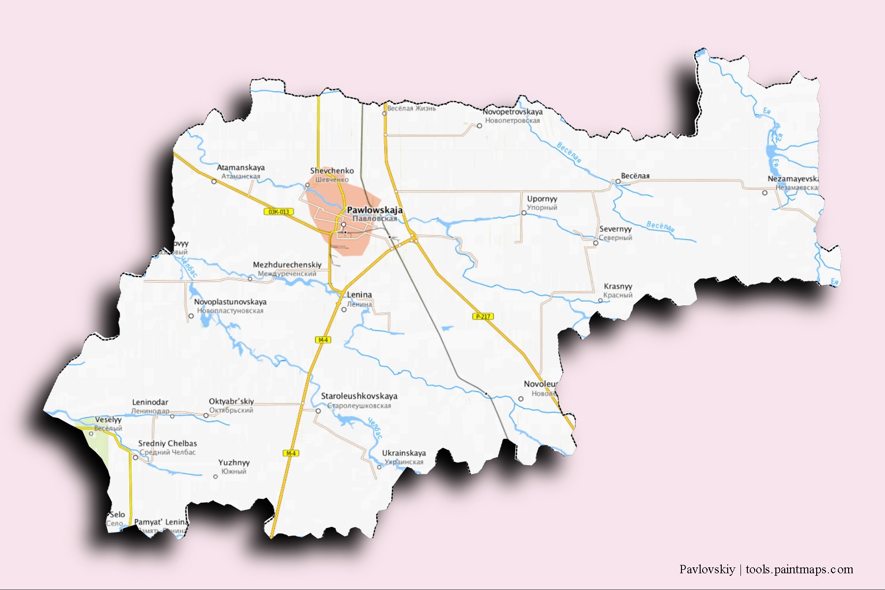 Mapa de barrios y pueblos de Pavlovskiy con efecto de sombra 3D