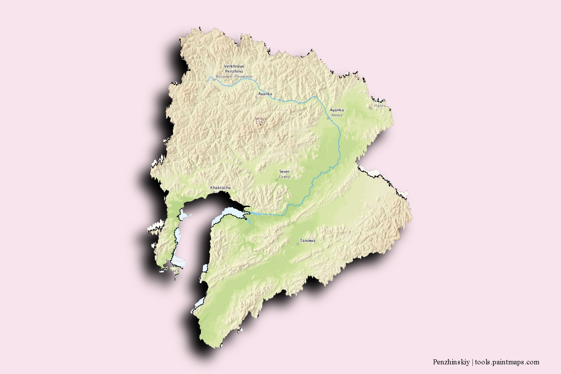 Mapa de barrios y pueblos de Penzhinskiy con efecto de sombra 3D