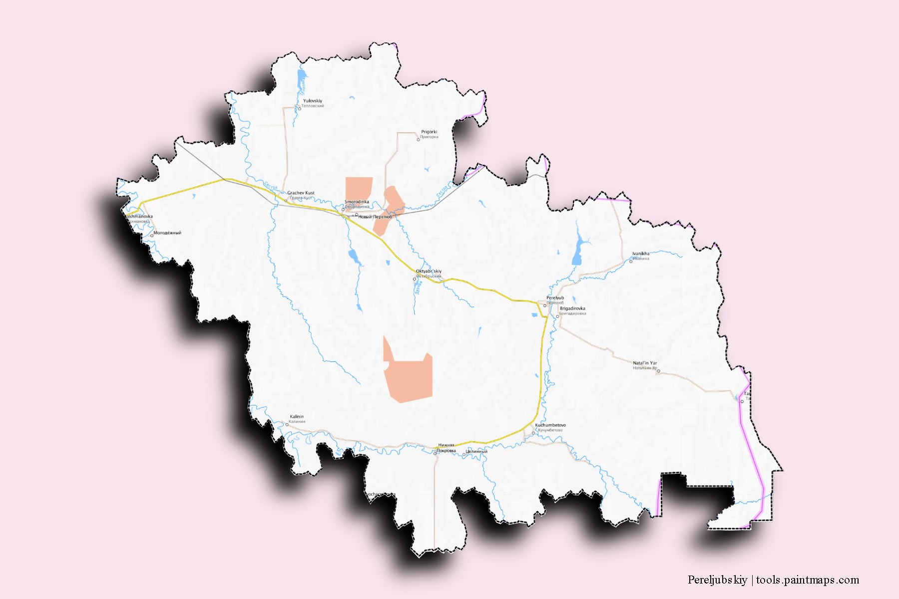 Mapa de barrios y pueblos de Pereljubskiy con efecto de sombra 3D