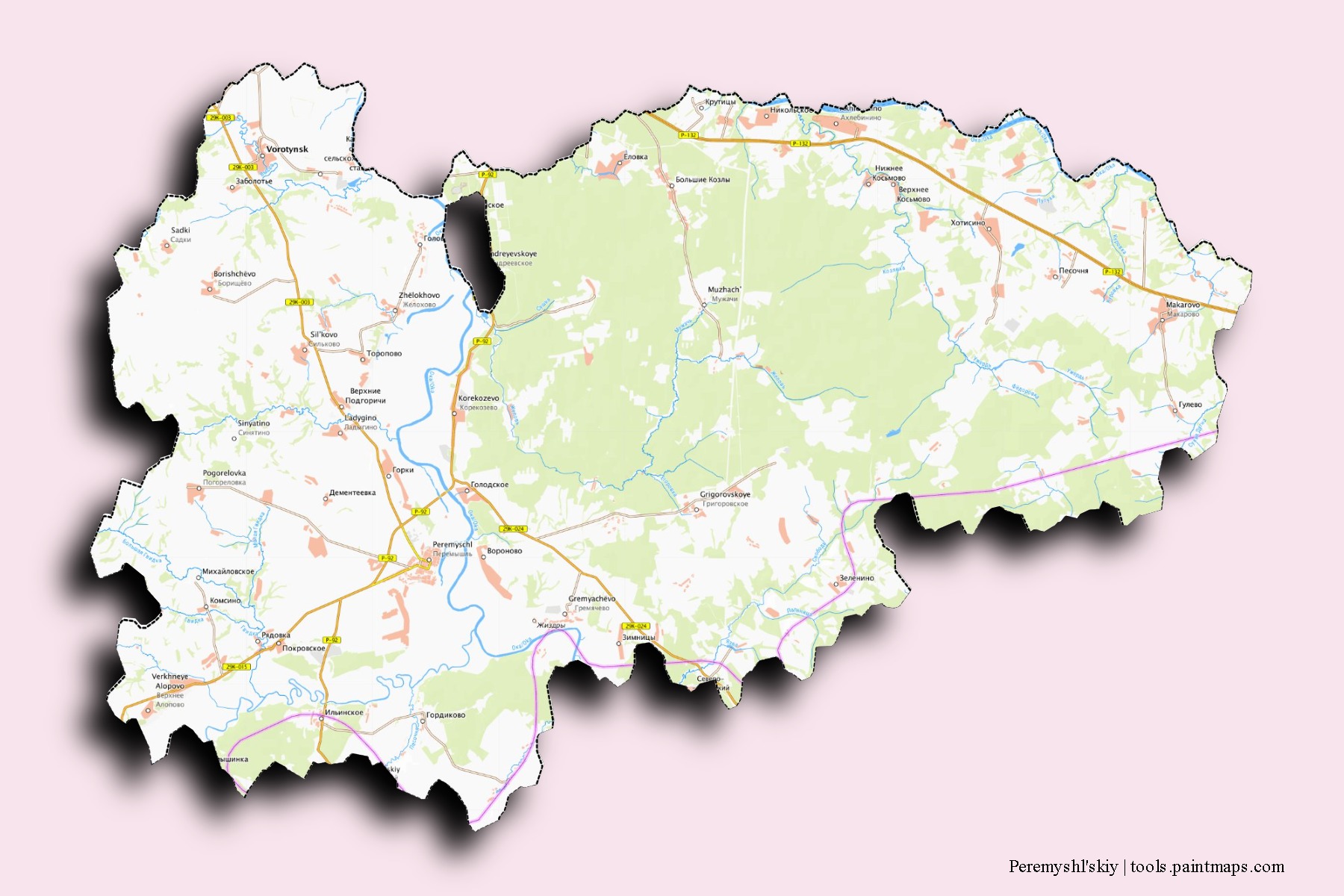 Peremyshl'skiy neighborhoods and villages map with 3D shadow effect