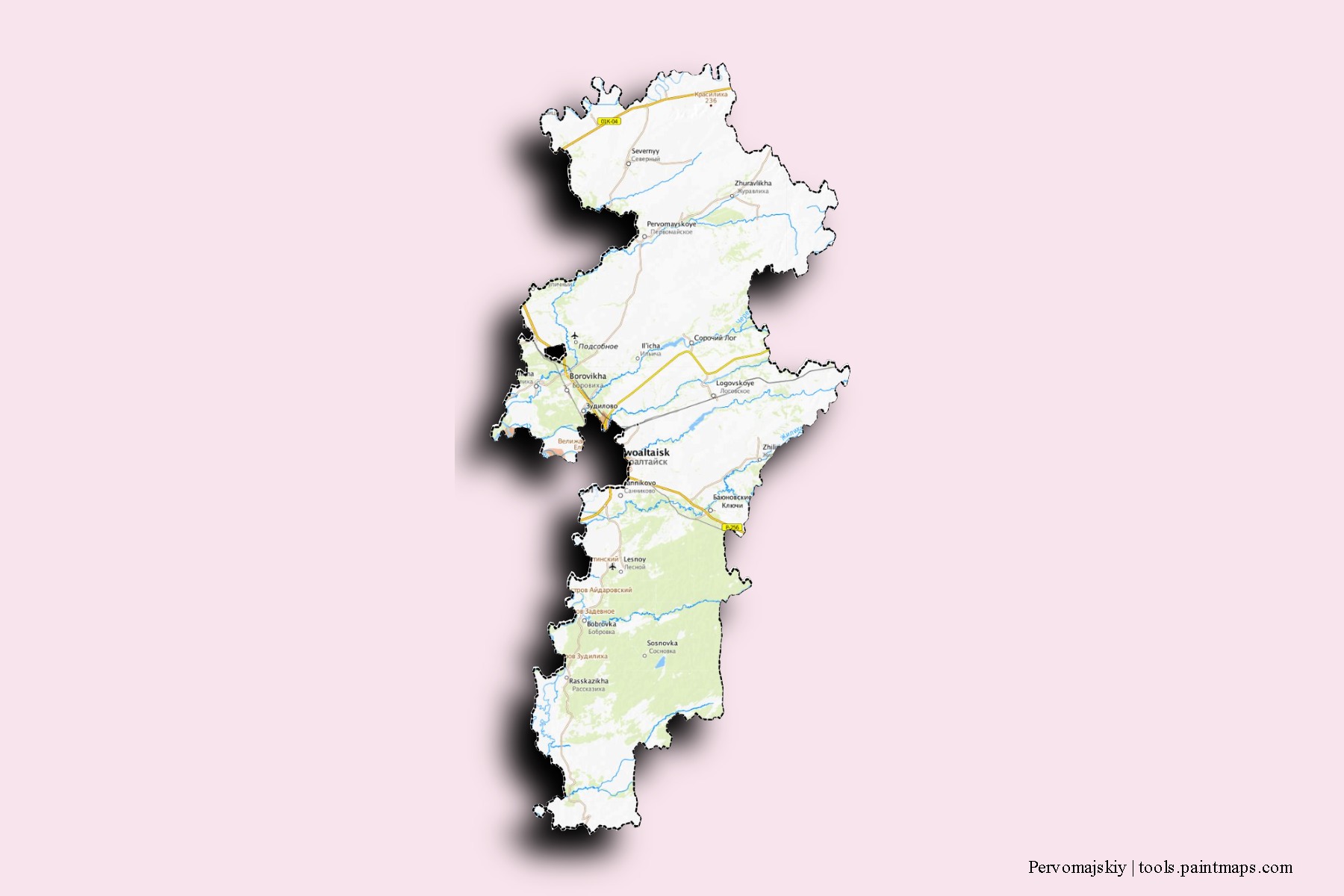 Pervomajskiy neighborhoods and villages map with 3D shadow effect