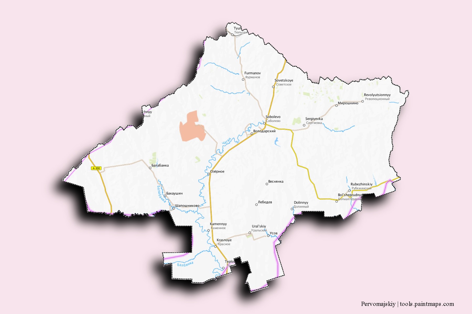 Mapa de barrios y pueblos de Pervomajskiy con efecto de sombra 3D