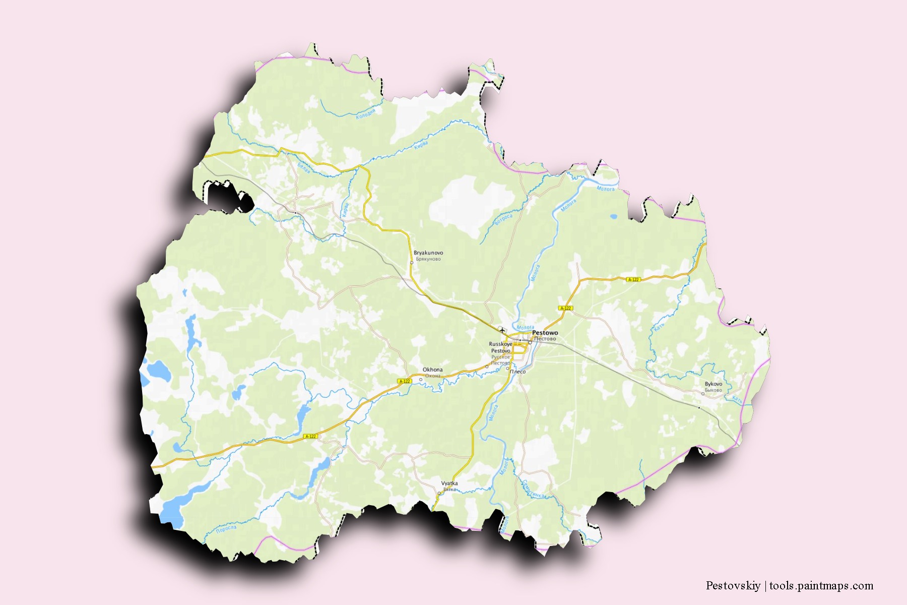 Mapa de barrios y pueblos de Pestovskiy con efecto de sombra 3D