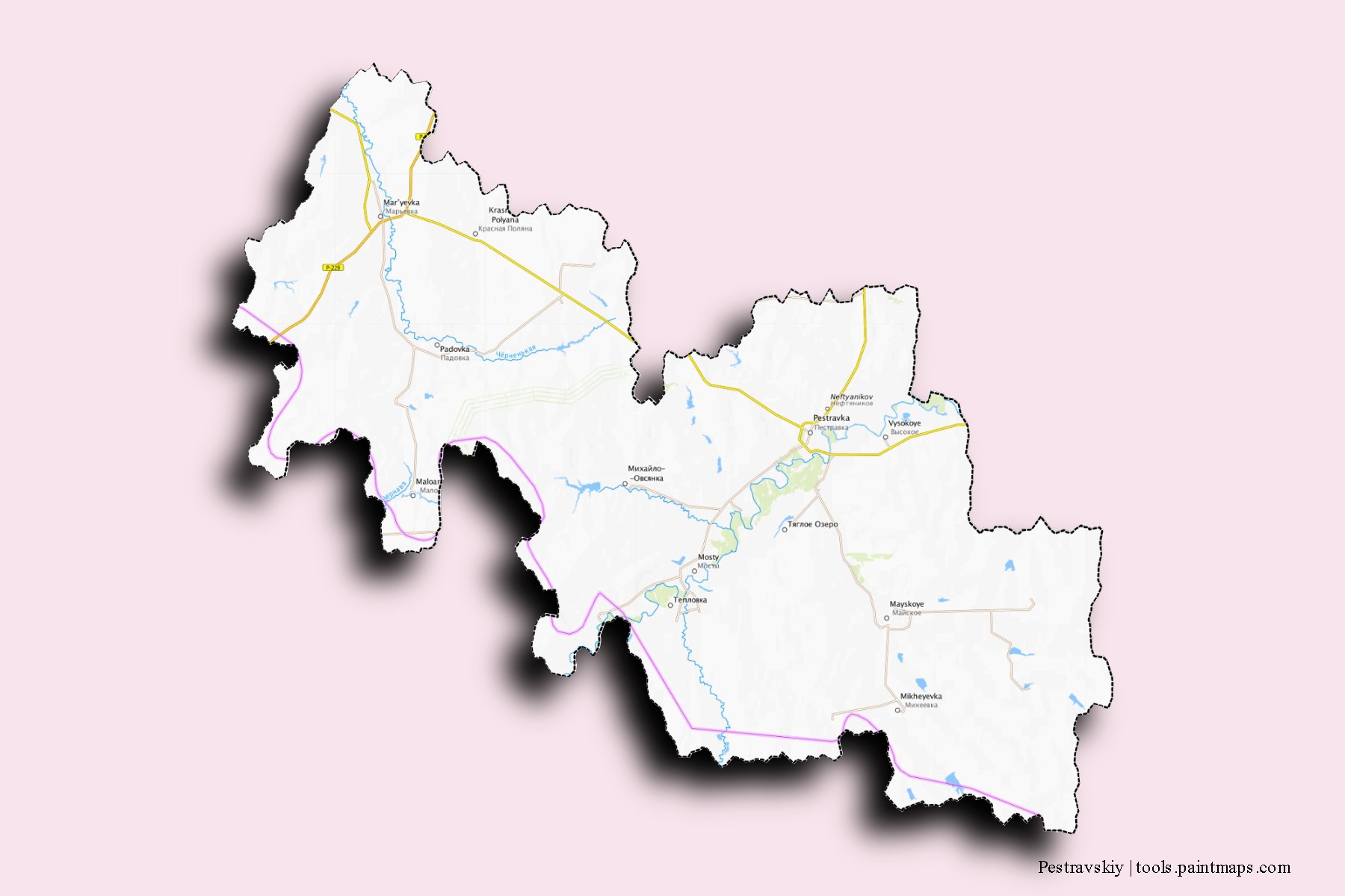 Mapa de barrios y pueblos de Pestravskiy con efecto de sombra 3D