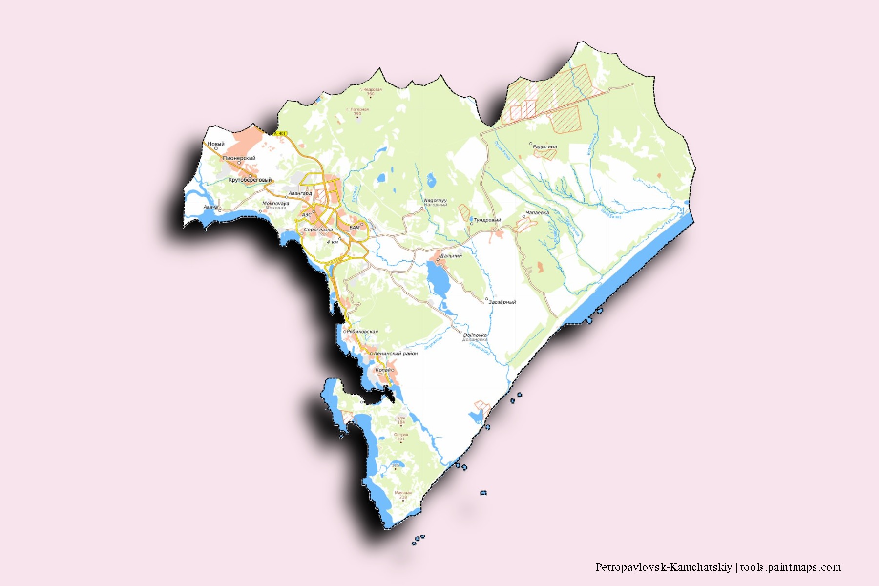 Petropavlovsk-Kamchatskiy neighborhoods and villages map with 3D shadow effect