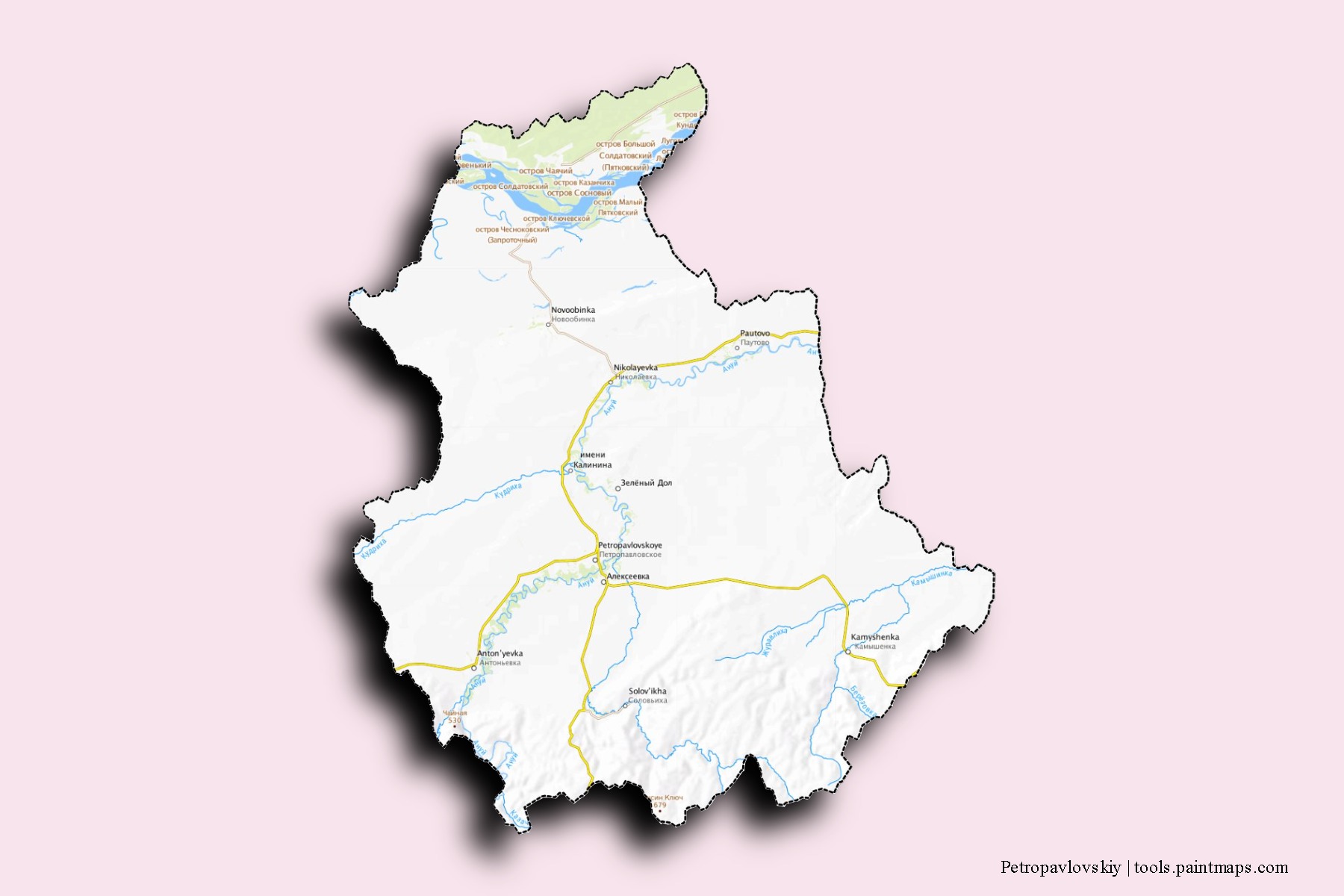 Mapa de barrios y pueblos de Petropavlovskiy con efecto de sombra 3D