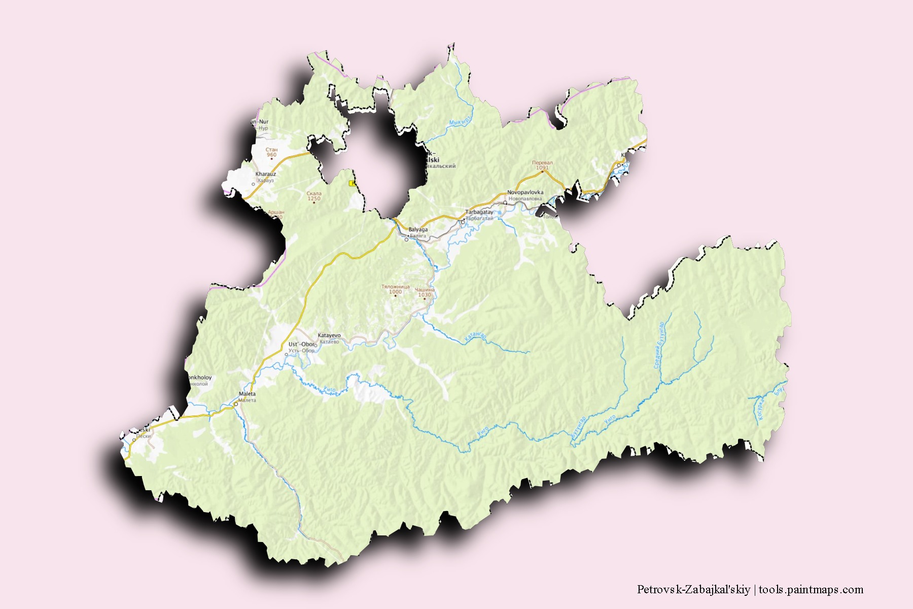 Mapa de barrios y pueblos de Petrovsk-Zabajkal'skiy con efecto de sombra 3D