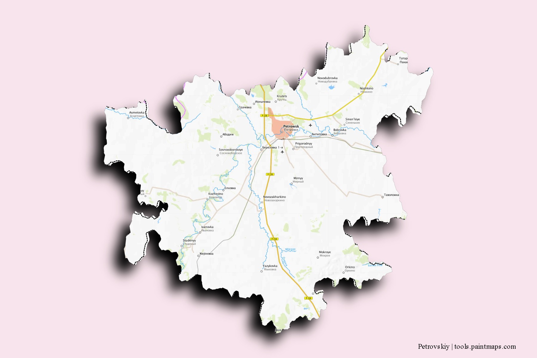 Mapa de barrios y pueblos de Petrovskiy con efecto de sombra 3D