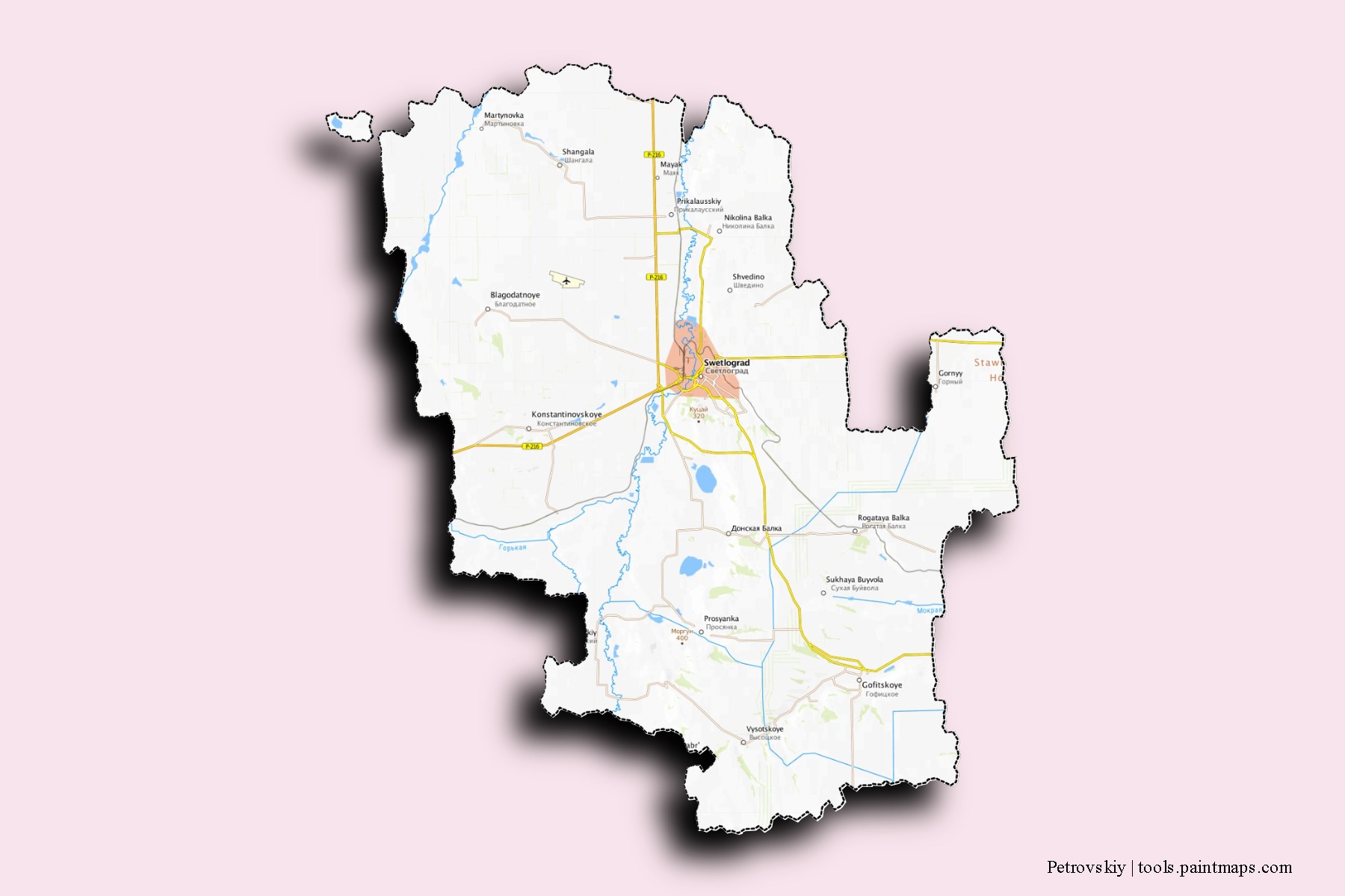 Mapa de barrios y pueblos de Petrovskiy con efecto de sombra 3D