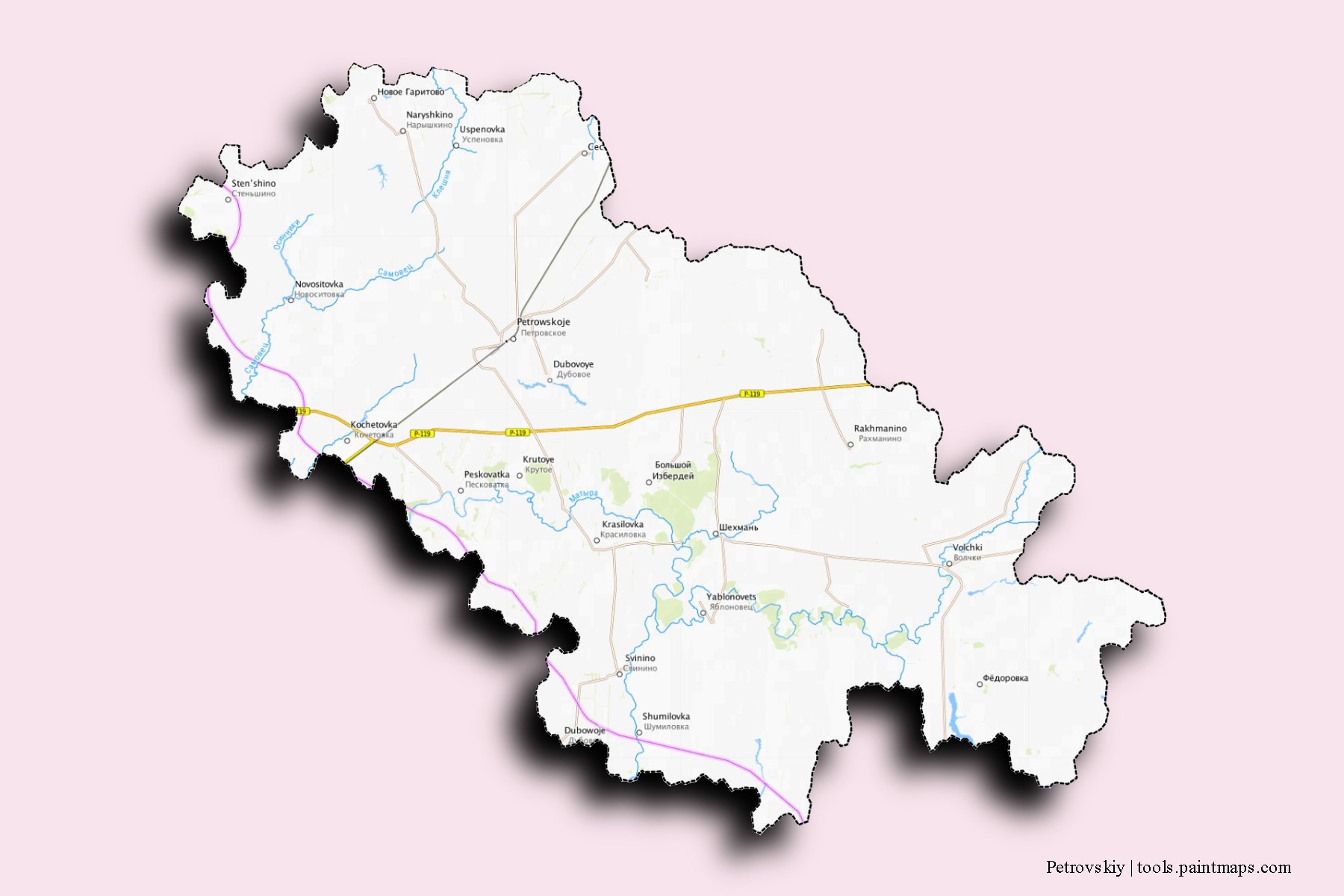 Mapa de barrios y pueblos de Petrovskiy con efecto de sombra 3D