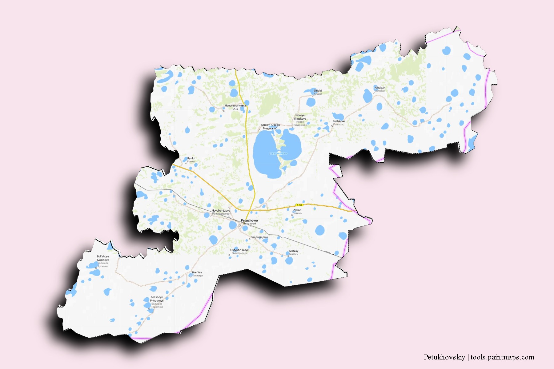 Mapa de barrios y pueblos de Petukhovskiy con efecto de sombra 3D