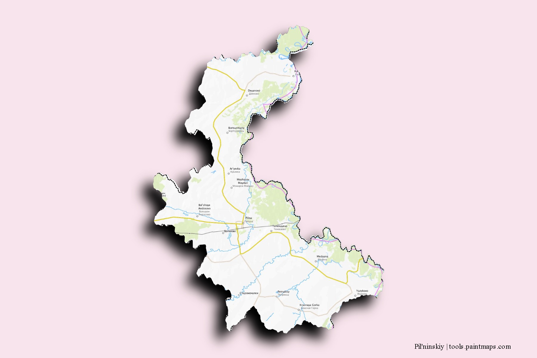 Mapa de barrios y pueblos de Pil'ninskiy con efecto de sombra 3D