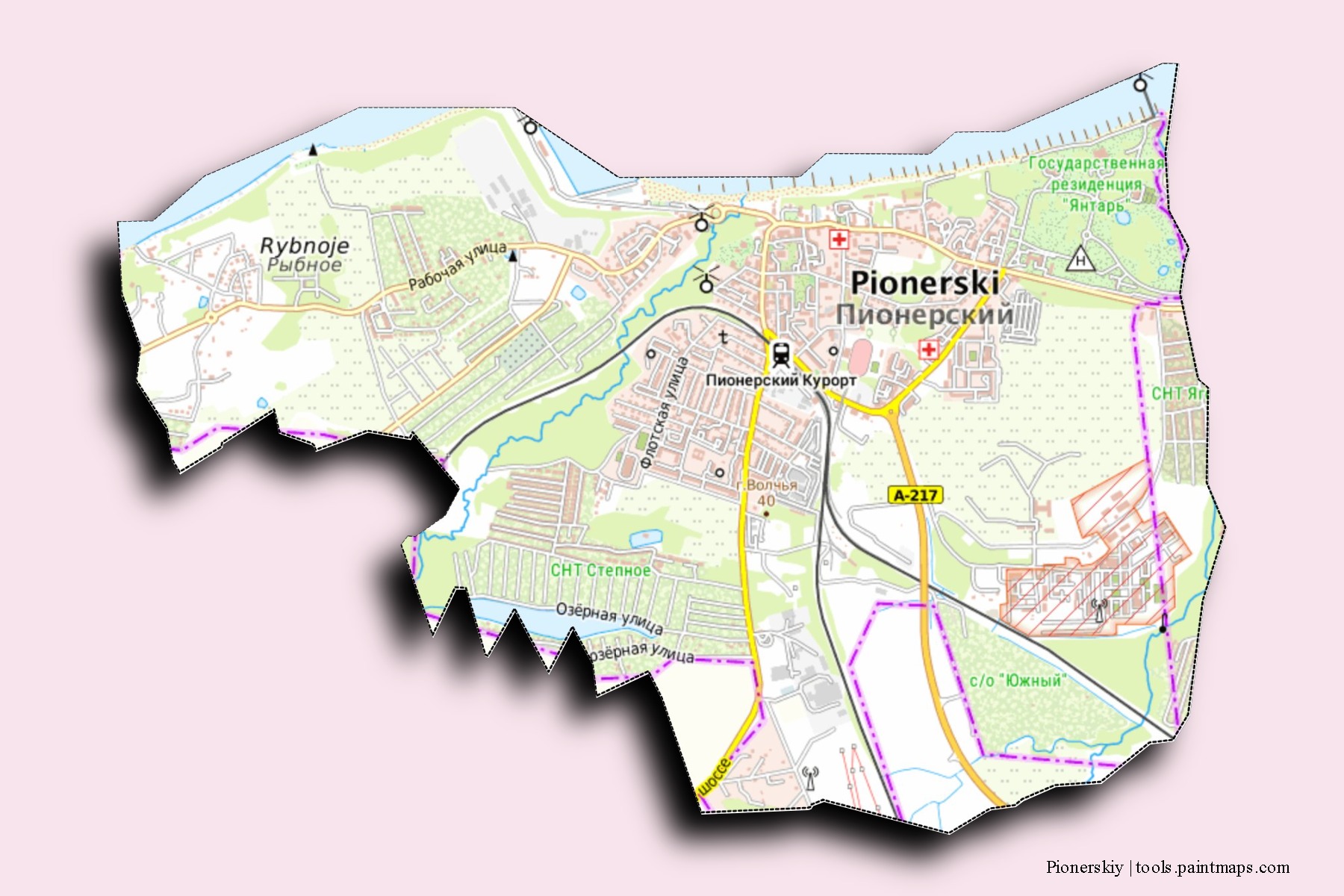 3D gölge efektli Pionerskiy mahalleleri ve köyleri haritası