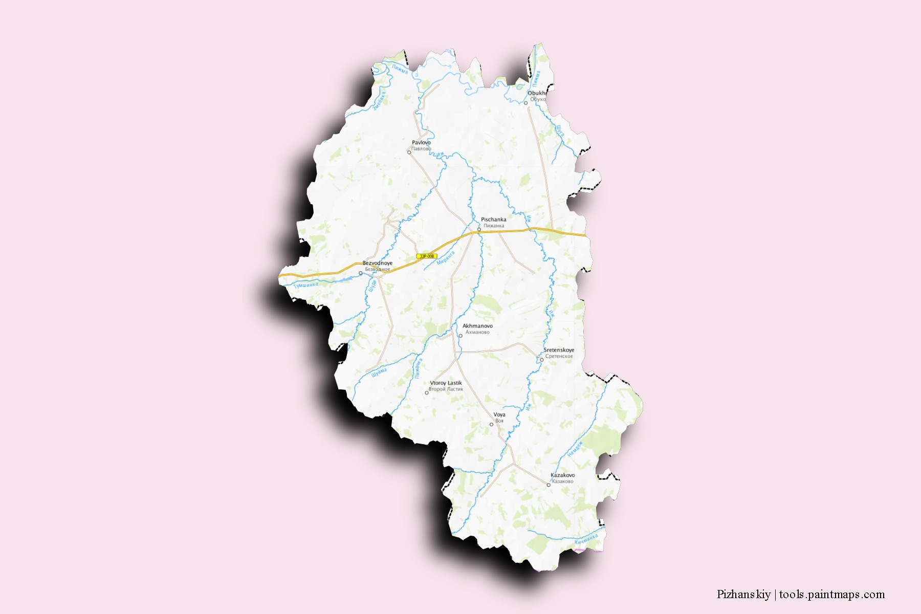 Mapa de barrios y pueblos de Pizhanskiy con efecto de sombra 3D