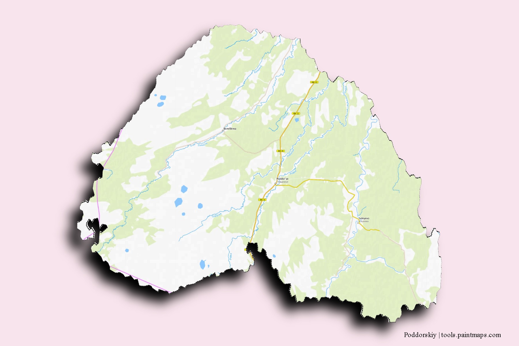 Mapa de barrios y pueblos de Poddorskiy con efecto de sombra 3D