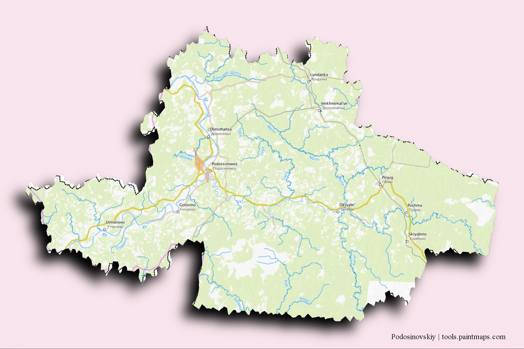 Mapa de barrios y pueblos de Podosinovskiy con efecto de sombra 3D