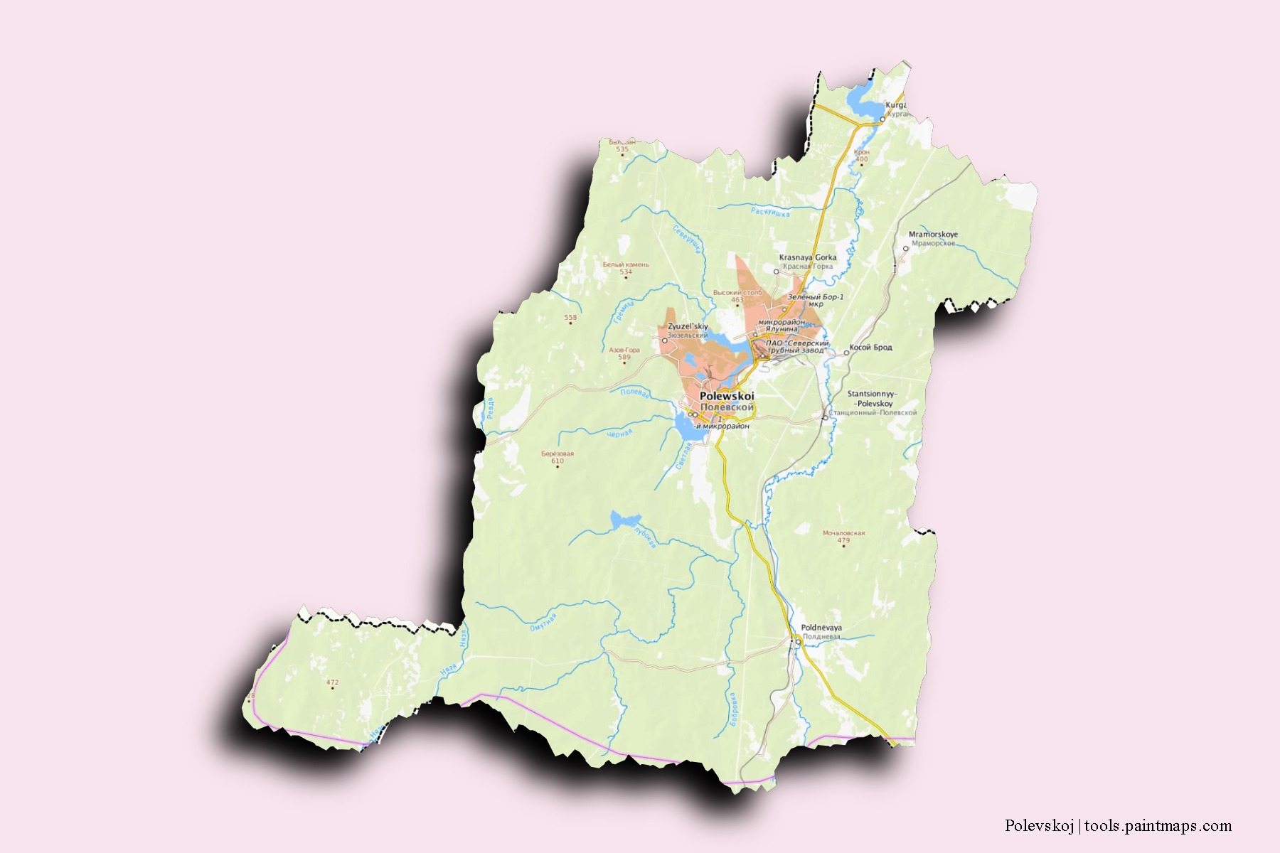 Mapa de barrios y pueblos de Polevskoj con efecto de sombra 3D