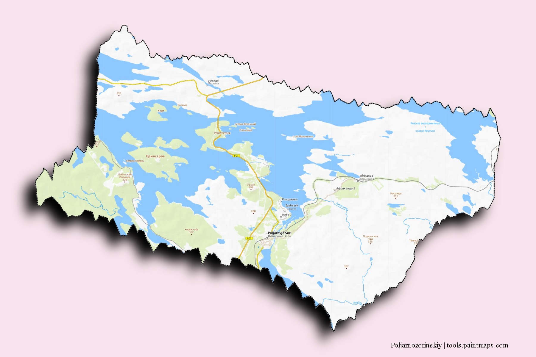 Mapa de barrios y pueblos de Poljarnozorinskiy con efecto de sombra 3D