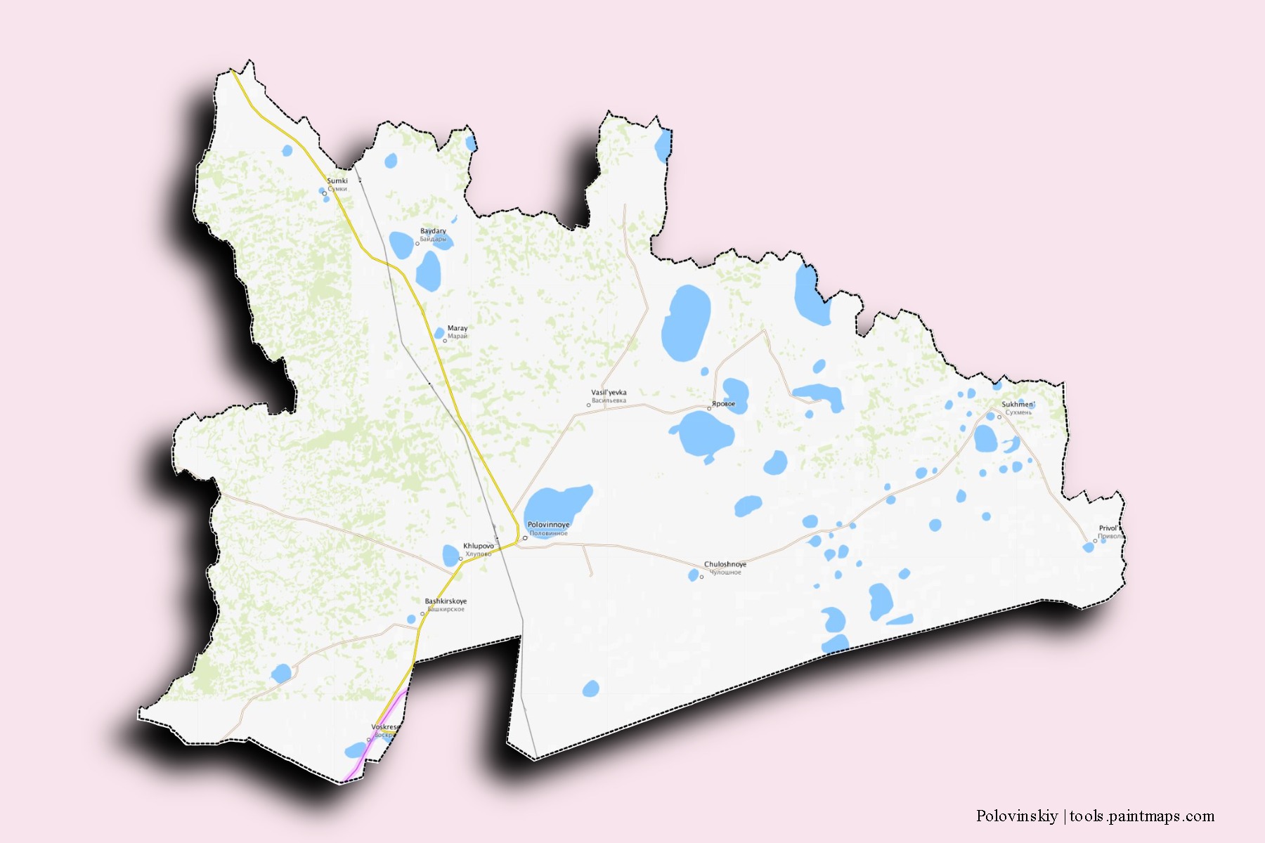 Mapa de barrios y pueblos de Polovinskiy con efecto de sombra 3D