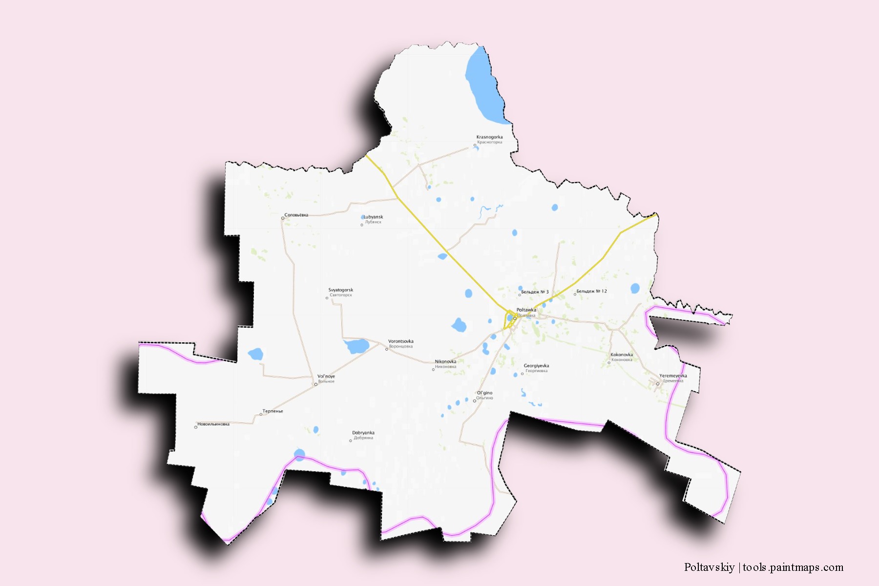 Poltavskiy neighborhoods and villages map with 3D shadow effect