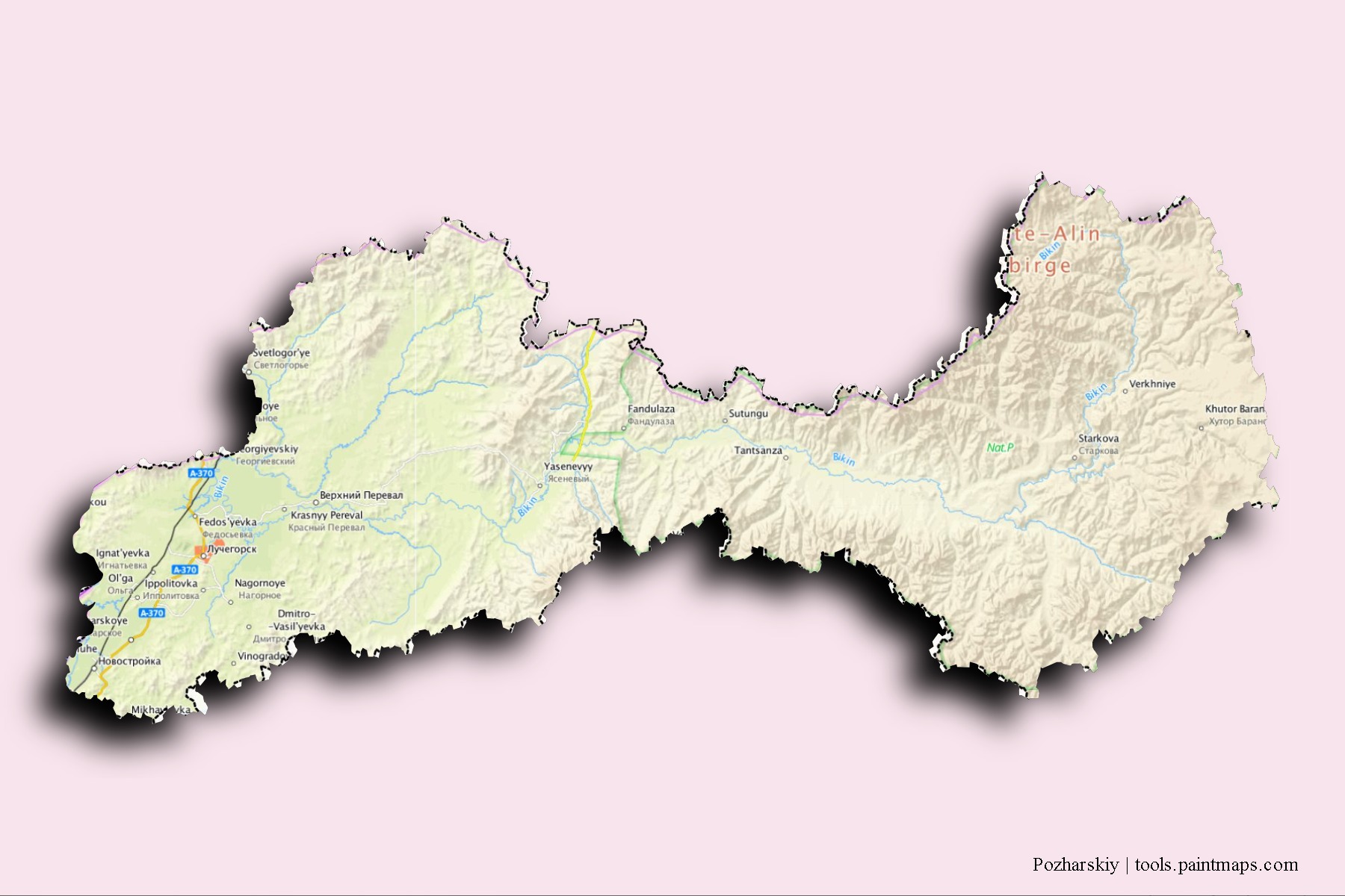 Pozharskiy neighborhoods and villages map with 3D shadow effect