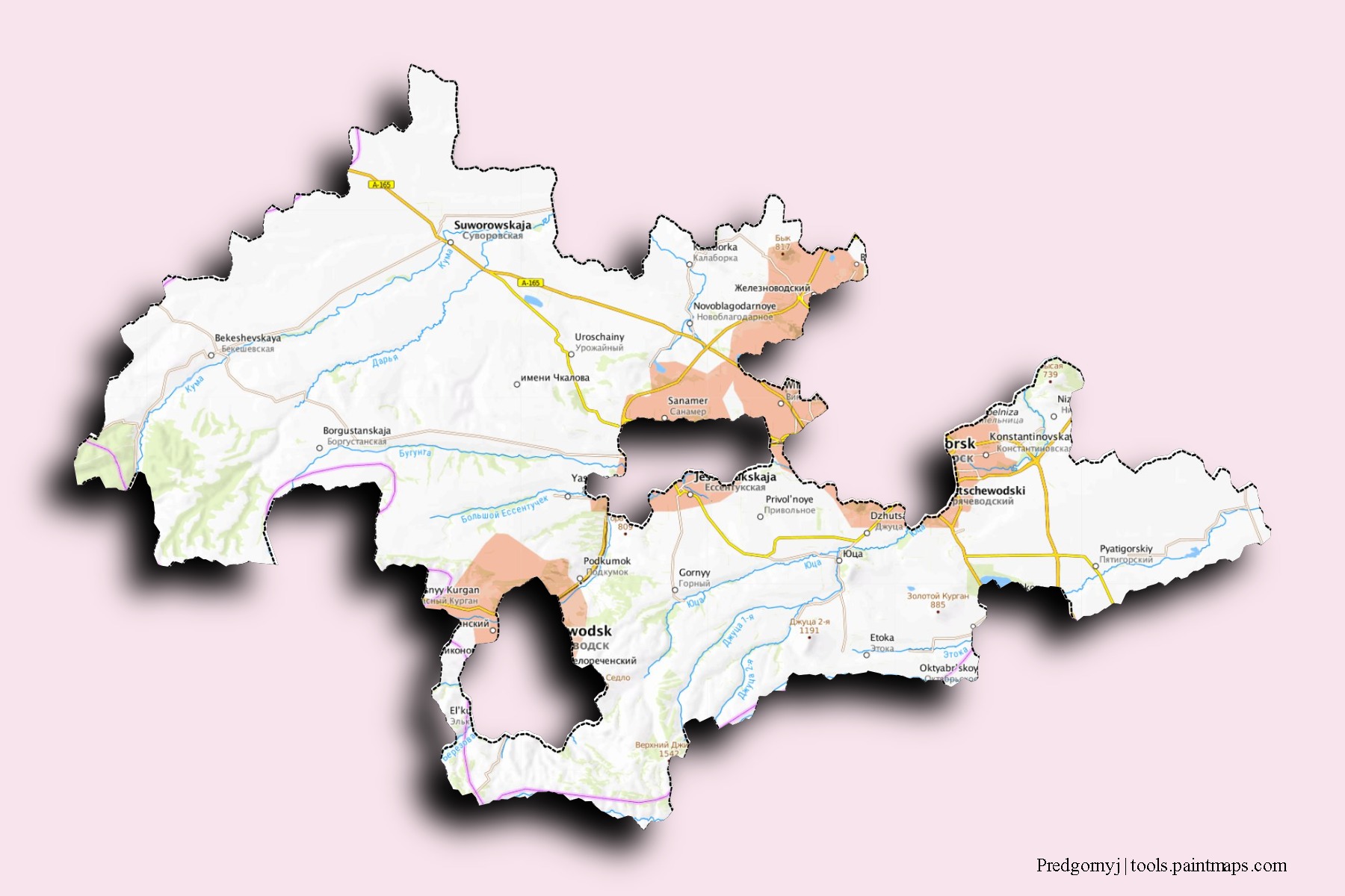 Mapa de barrios y pueblos de Predgornyj con efecto de sombra 3D