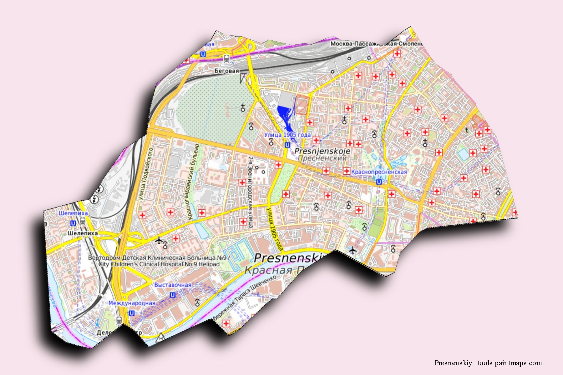 Presnenskiy neighborhoods and villages map with 3D shadow effect