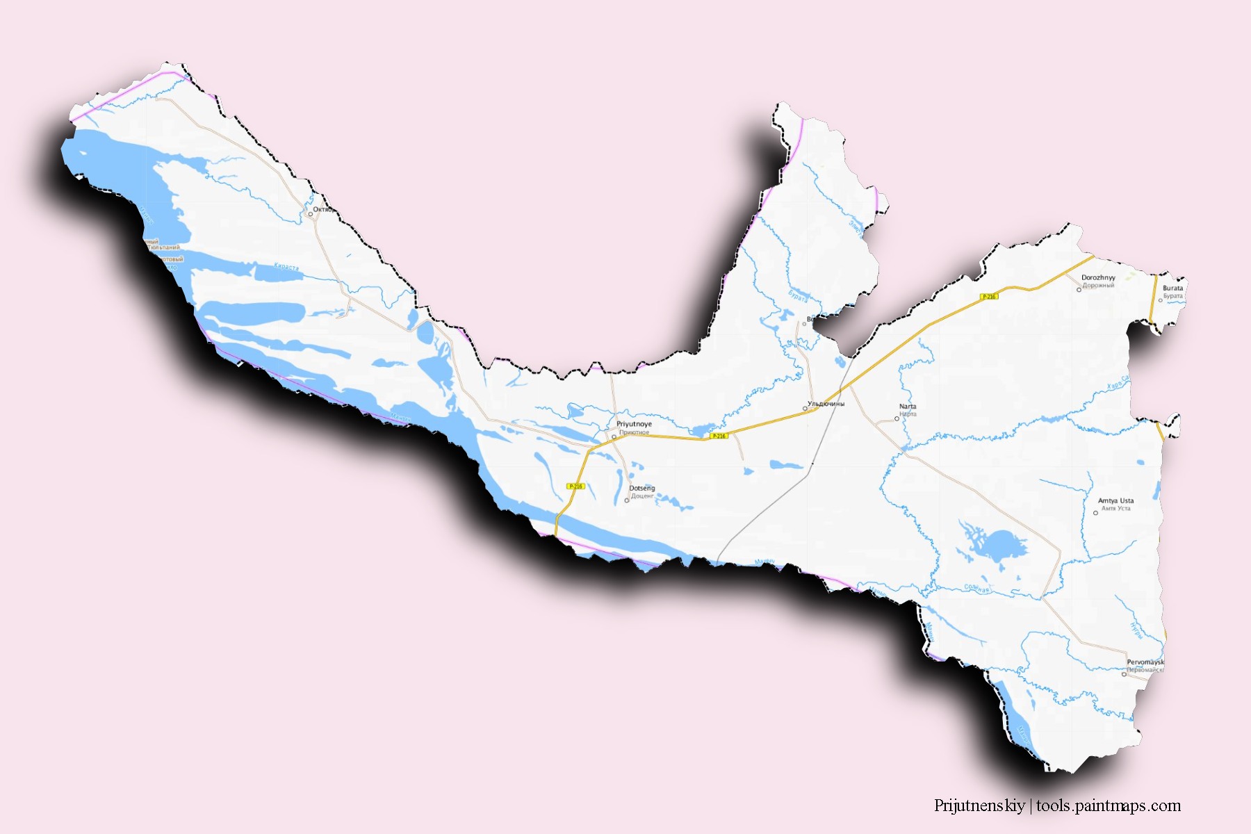 Prijutnenskiy neighborhoods and villages map with 3D shadow effect