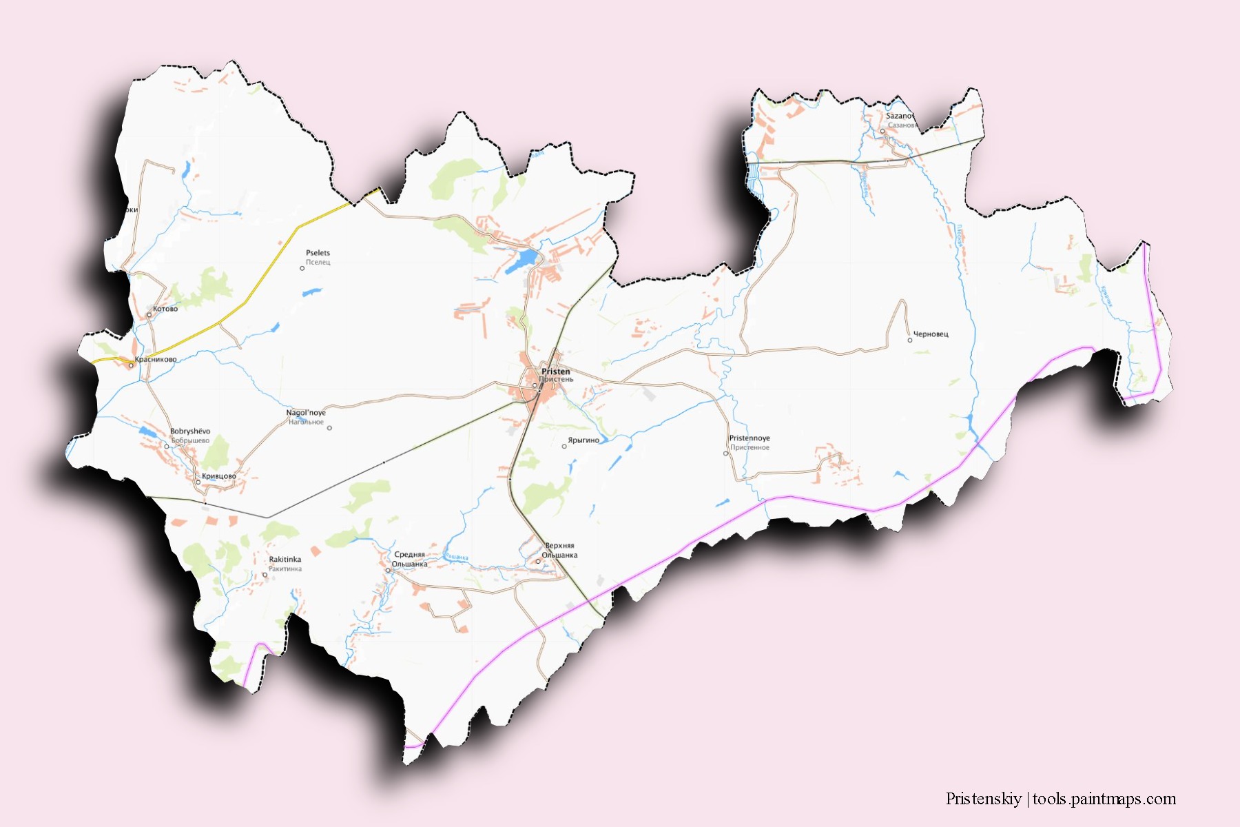 3D gölge efektli Pristenskiy mahalleleri ve köyleri haritası