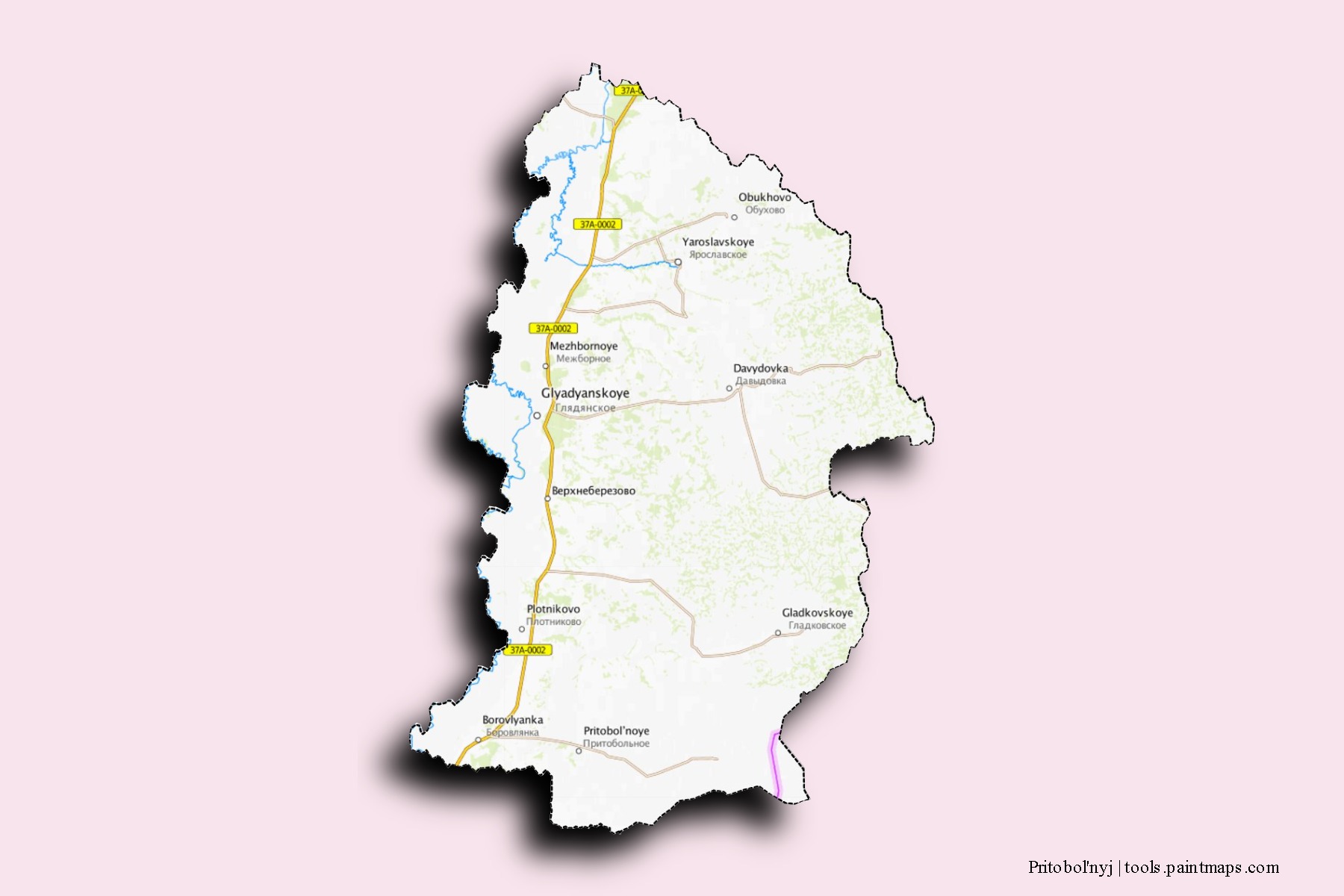 Mapa de barrios y pueblos de Pritobol'nyj con efecto de sombra 3D