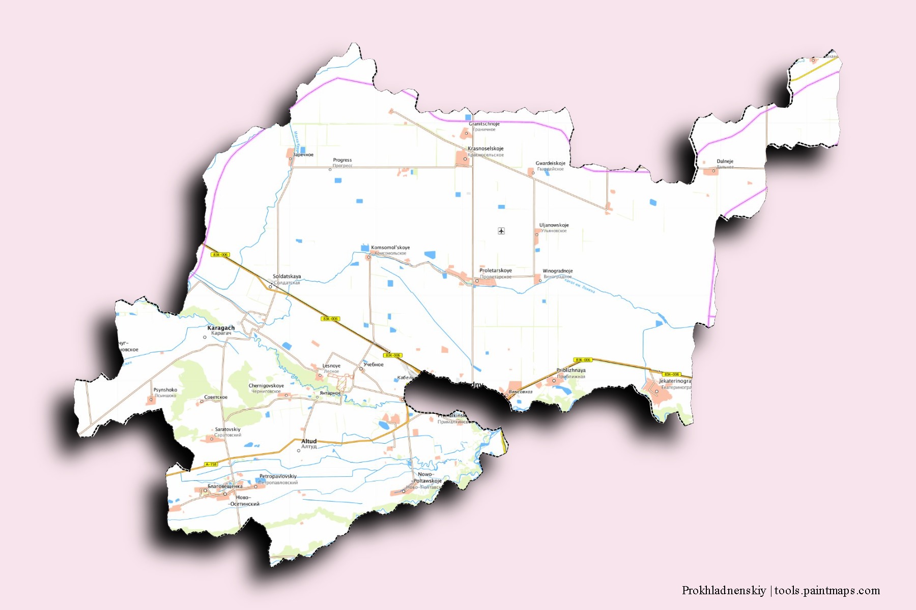 Prokhladnenskiy neighborhoods and villages map with 3D shadow effect