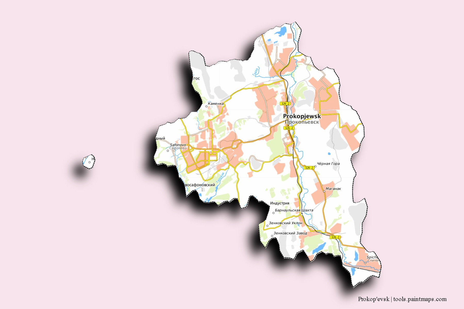 Mapa de barrios y pueblos de Prokop'evsk con efecto de sombra 3D