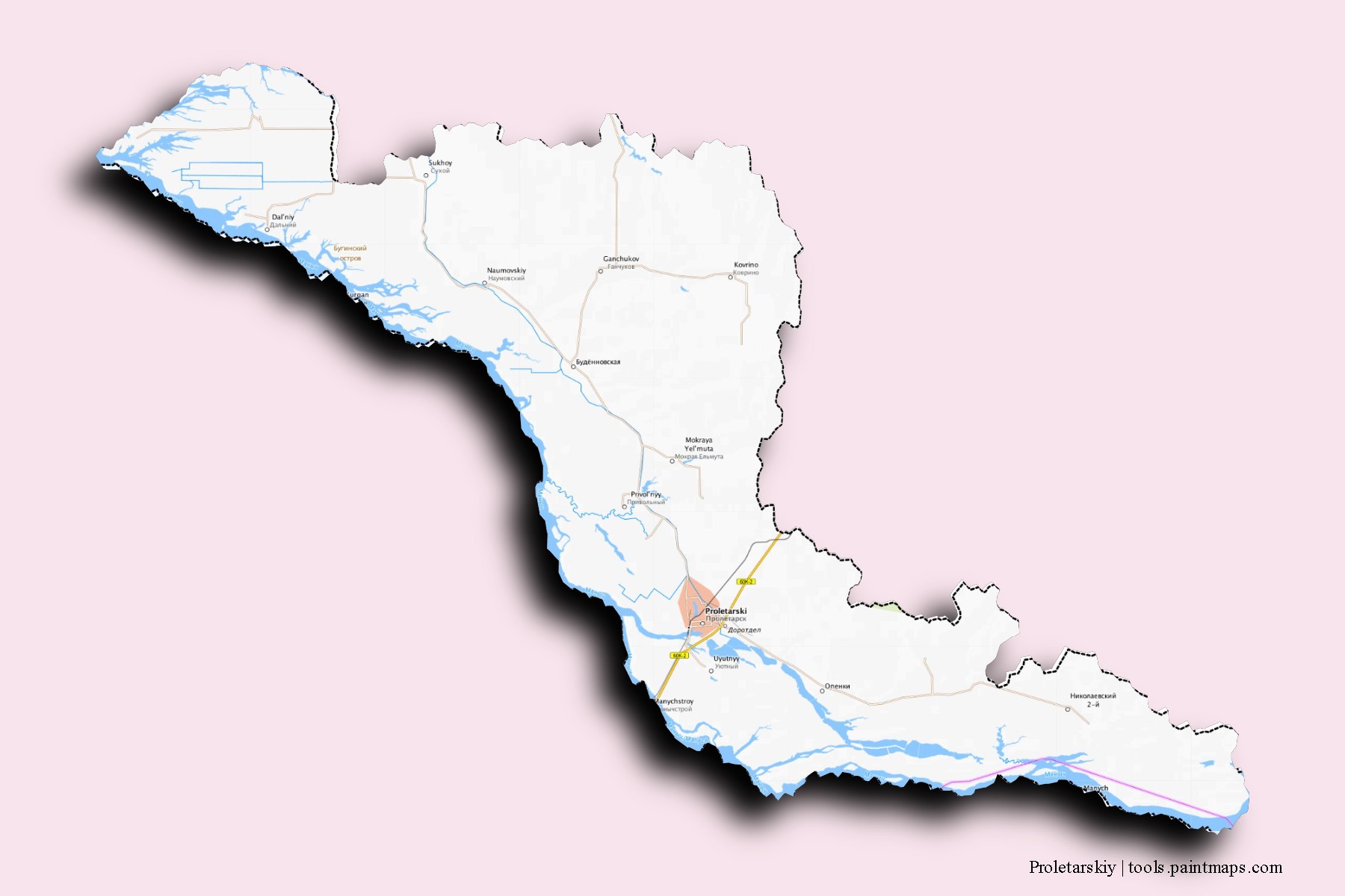 Mapa de barrios y pueblos de Proletarskiy con efecto de sombra 3D