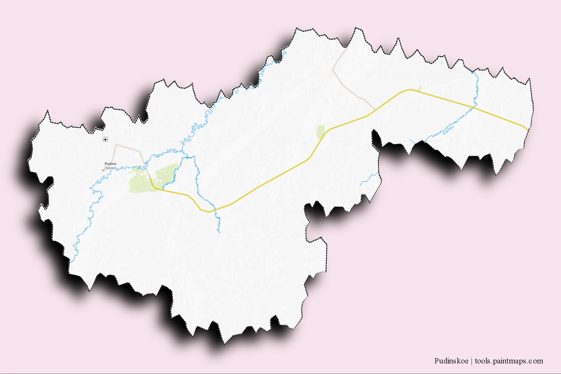 Mapa de barrios y pueblos de Pudinskoe con efecto de sombra 3D