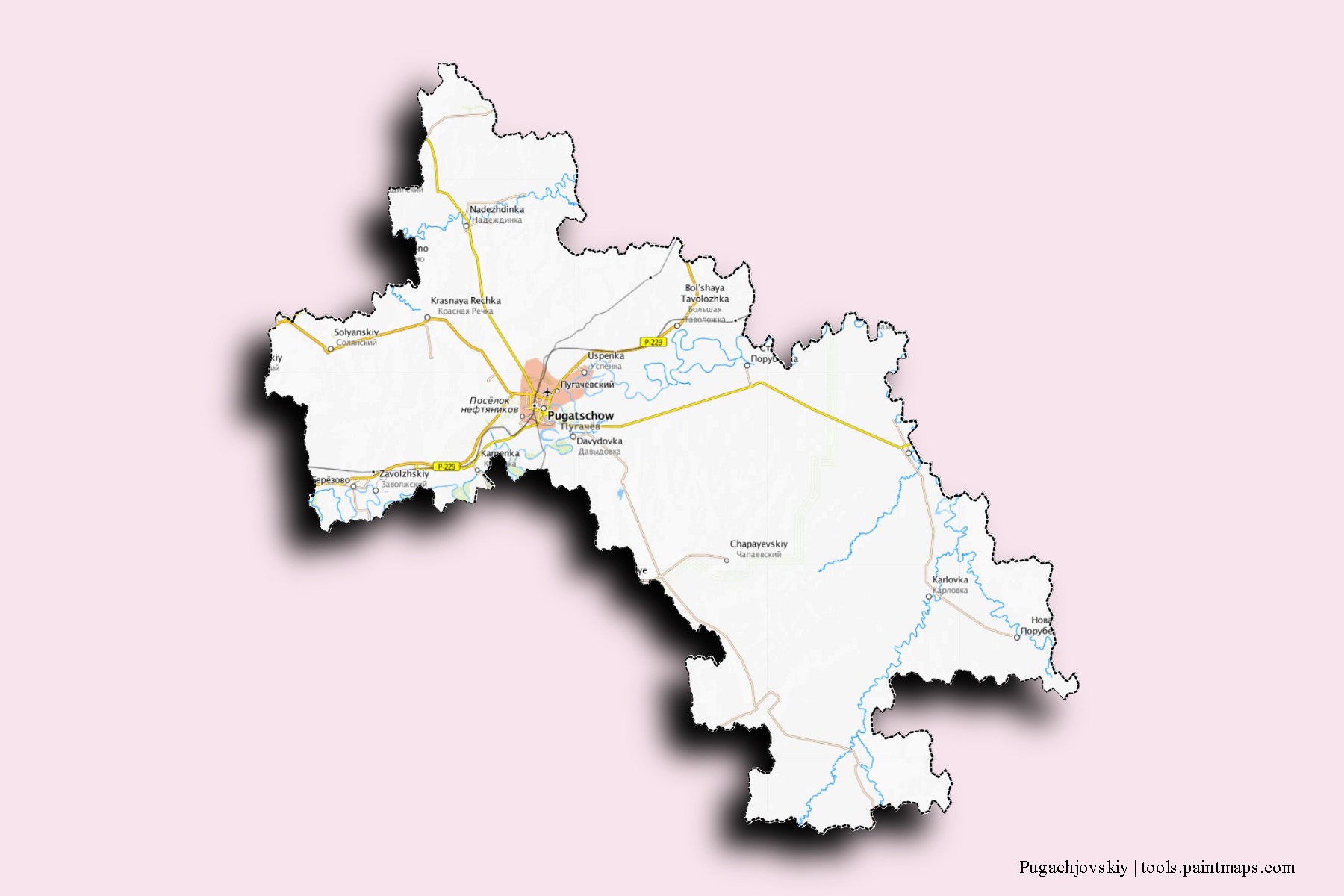 Pugachjovskiy neighborhoods and villages map with 3D shadow effect